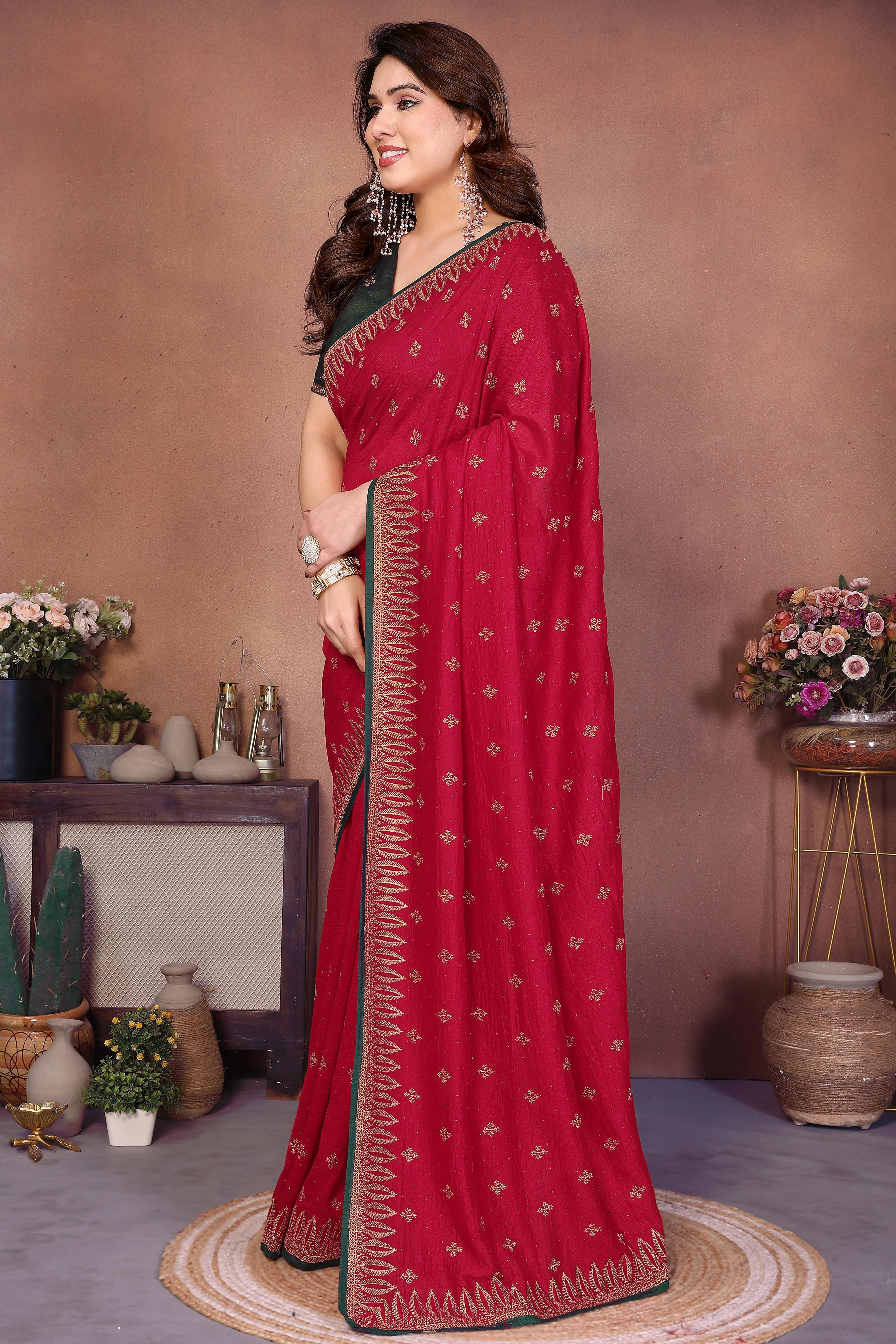 Crimson Red Designer Vichitra Silk Saree Enhanced with Delicate Thread Work Embroidery - Image 4