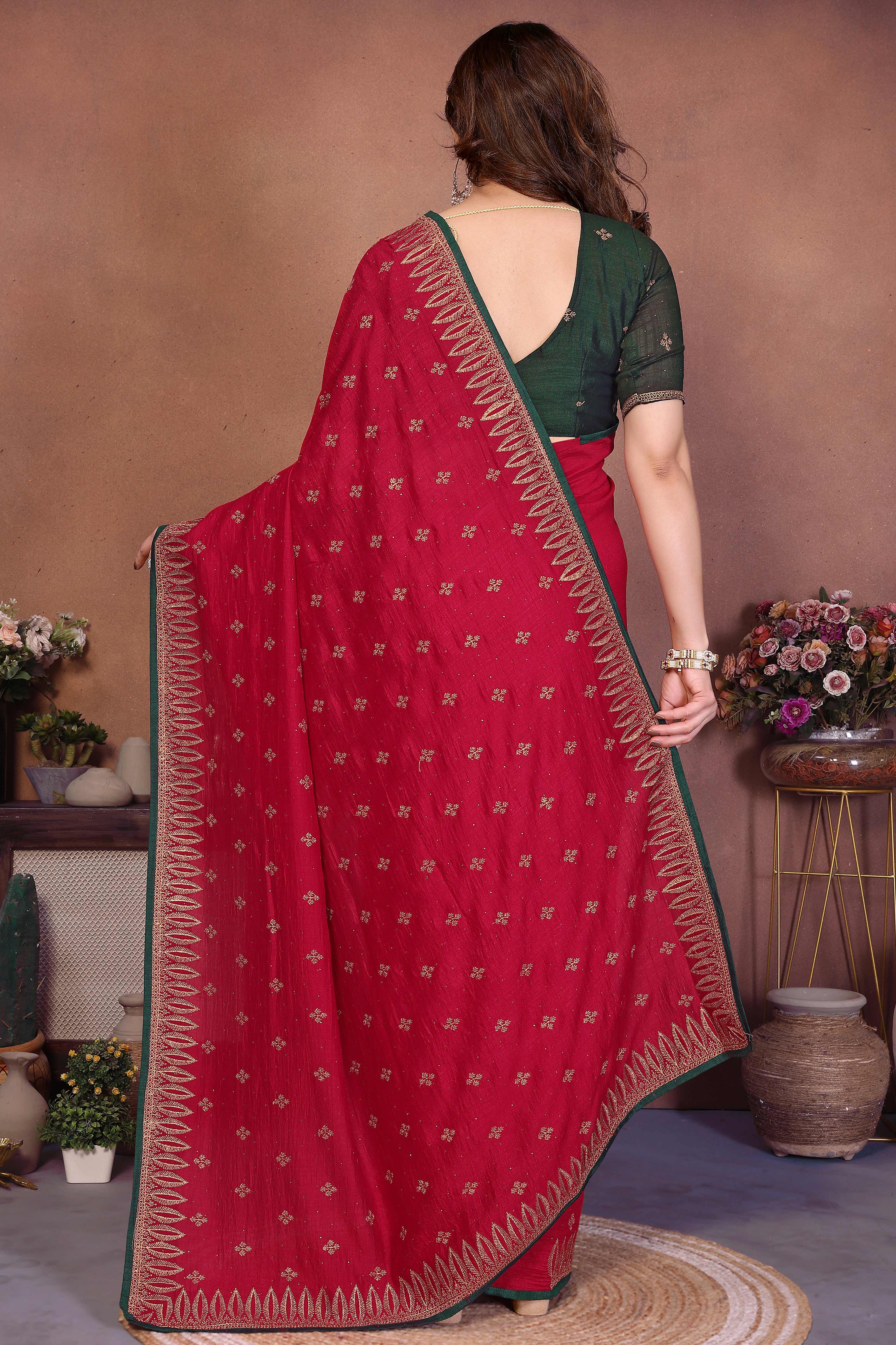 Crimson Red Designer Vichitra Silk Saree Enhanced with Delicate Thread Work Embroidery - Image 5