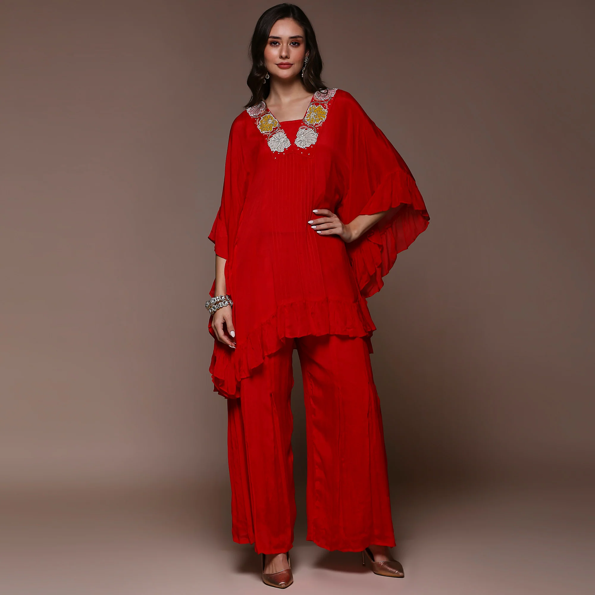 Crimson Red Embroidered Kaftan Style Chinon Co-Ord Set - Image 2
