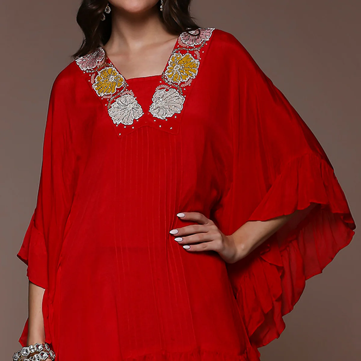 Crimson Red Embroidered Kaftan Style Chinon Co-Ord Set - Image 3