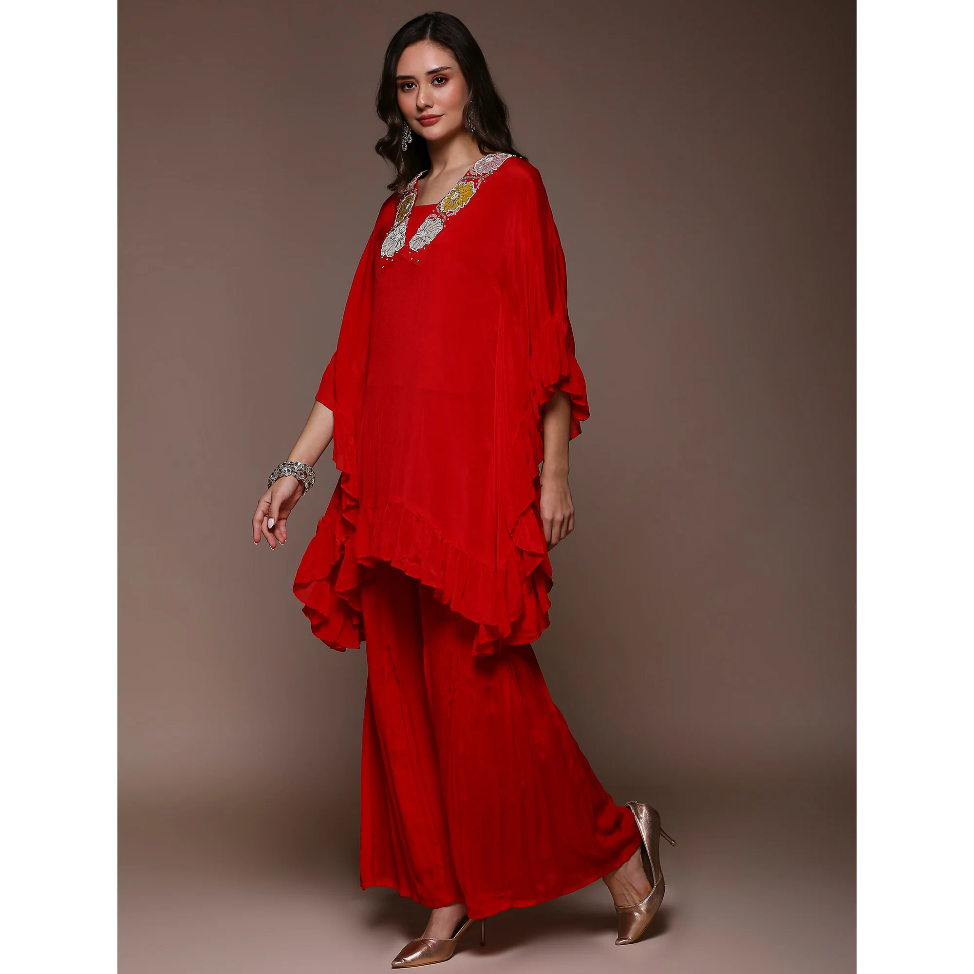 Crimson Red Embroidered Kaftan Style Chinon Co-Ord Set - Image 4