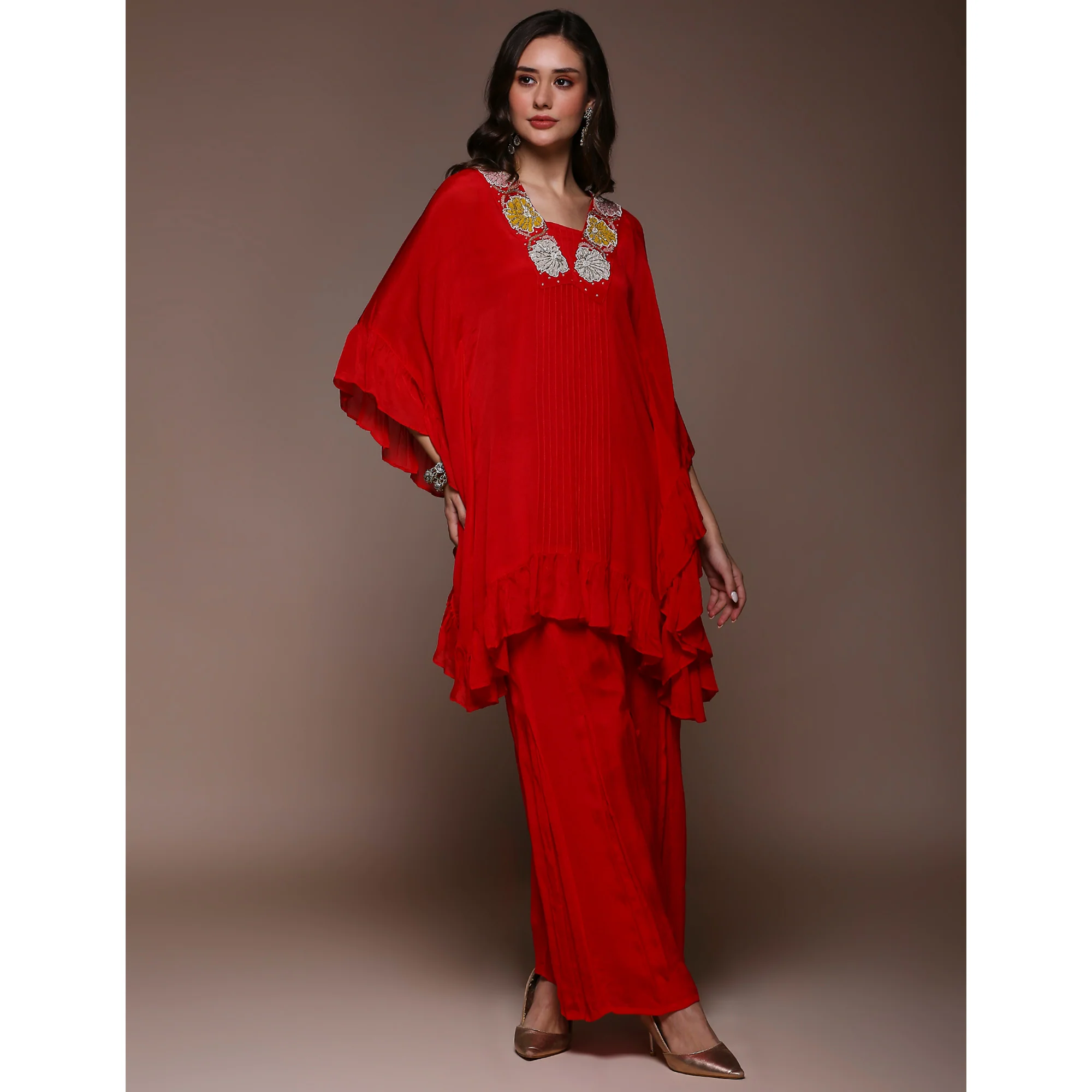 Crimson Red Embroidered Kaftan Style Chinon Co-Ord Set - Image 5