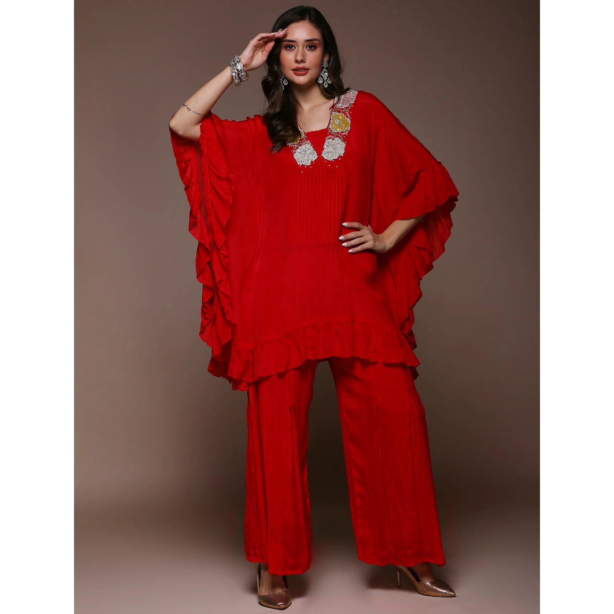 Crimson Red Embroidered Kaftan Style Chinon Co-Ord Set - Image 6