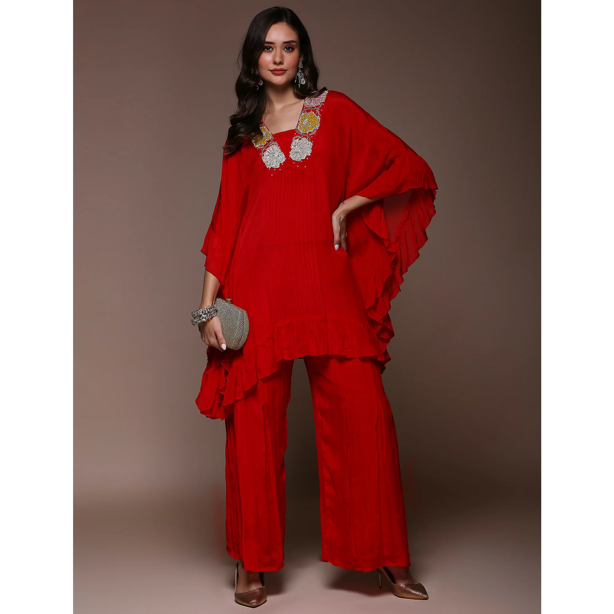 Crimson Red Embroidered Kaftan Style Chinon Co-Ord Set - Image 7