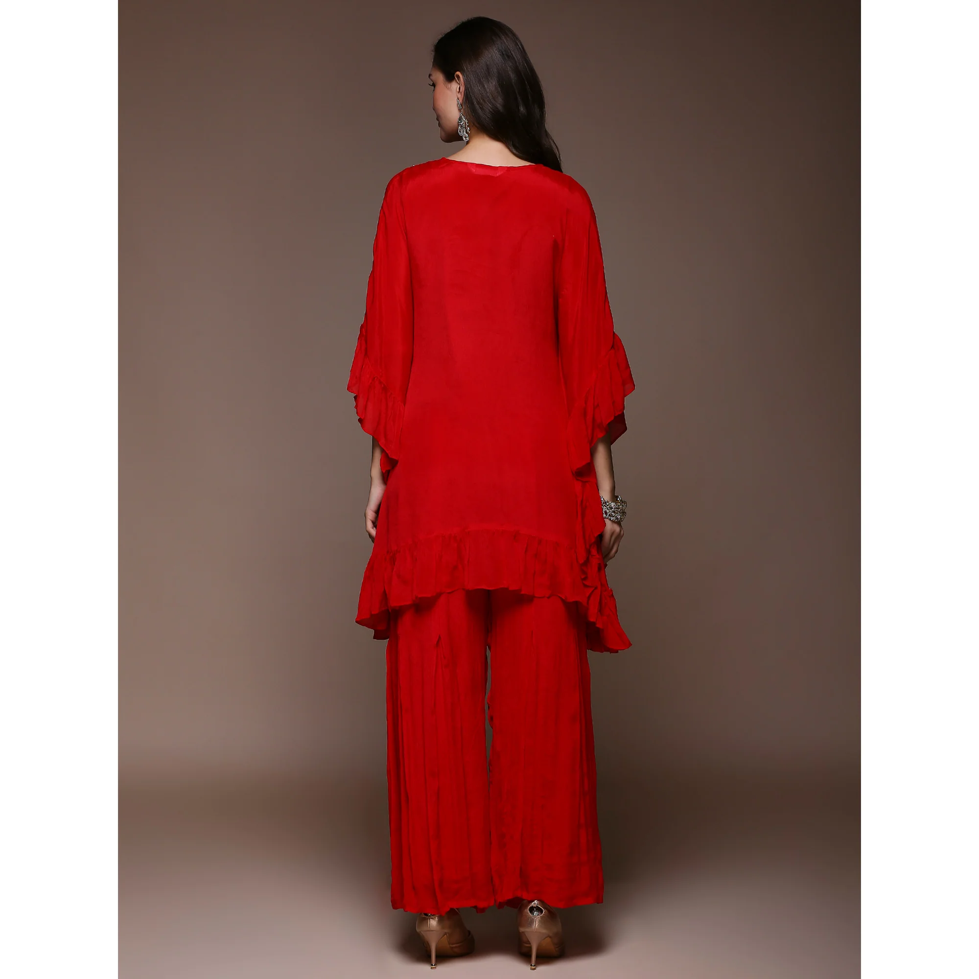 Crimson Red Embroidered Kaftan Style Chinon Co-Ord Set - Image 8