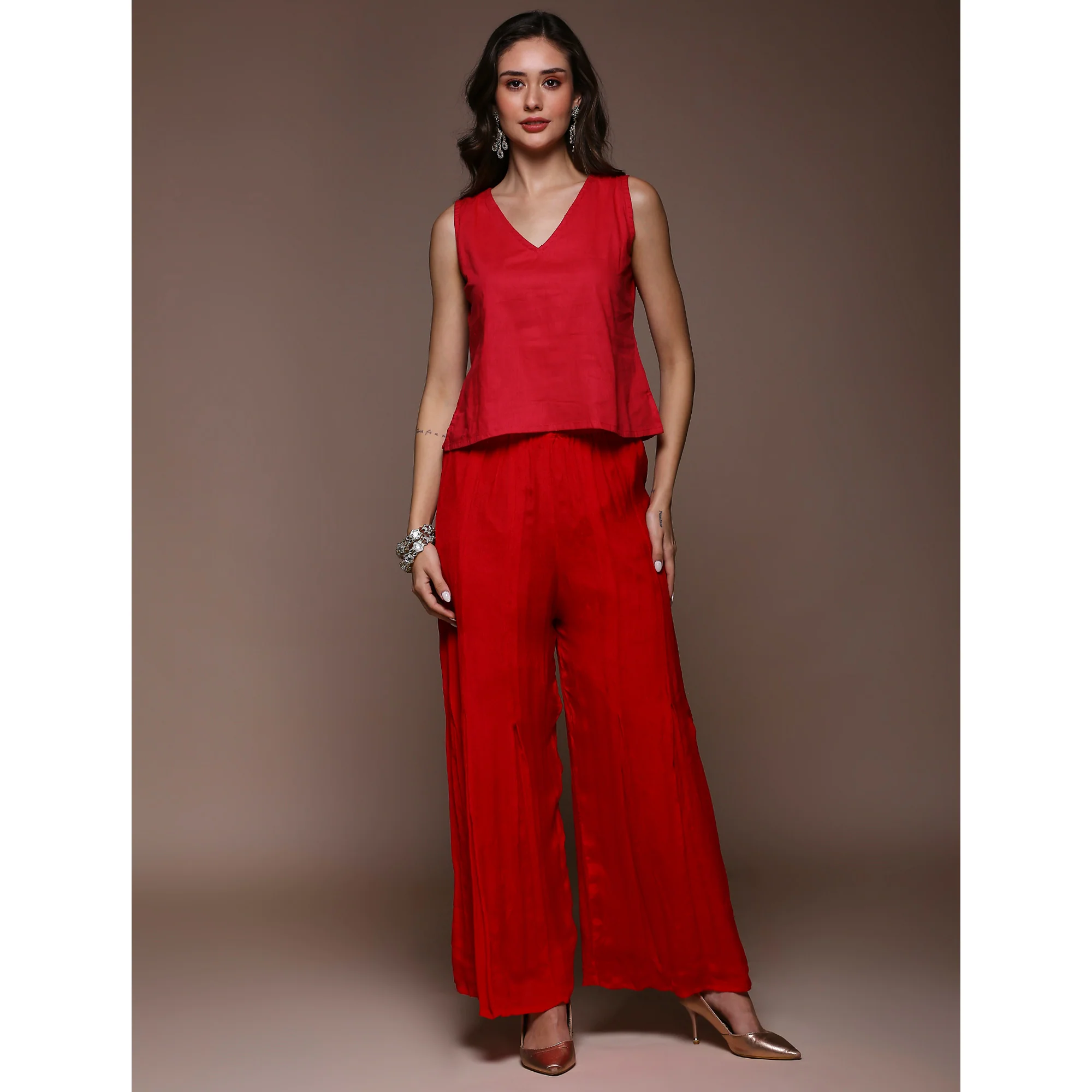 Crimson Red Embroidered Kaftan Style Chinon Co-Ord Set - Image 9