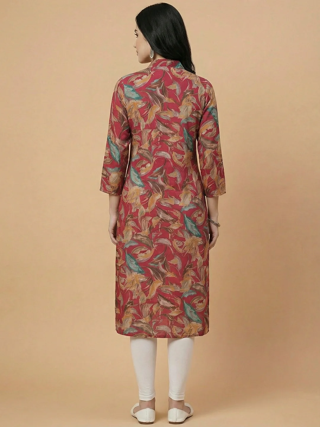 Crimson Red Floral Print Viscose Kurti with Mandarin Collar and Detailed Floral Pattern - Image 3