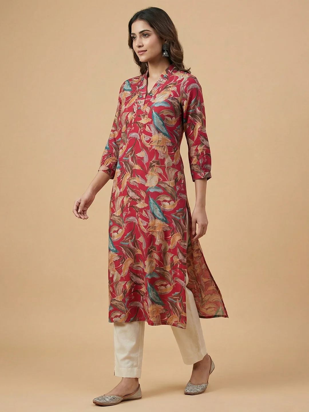 Crimson Red Floral Print Viscose Kurti with Mandarin Collar and Detailed Floral Pattern - Image 4