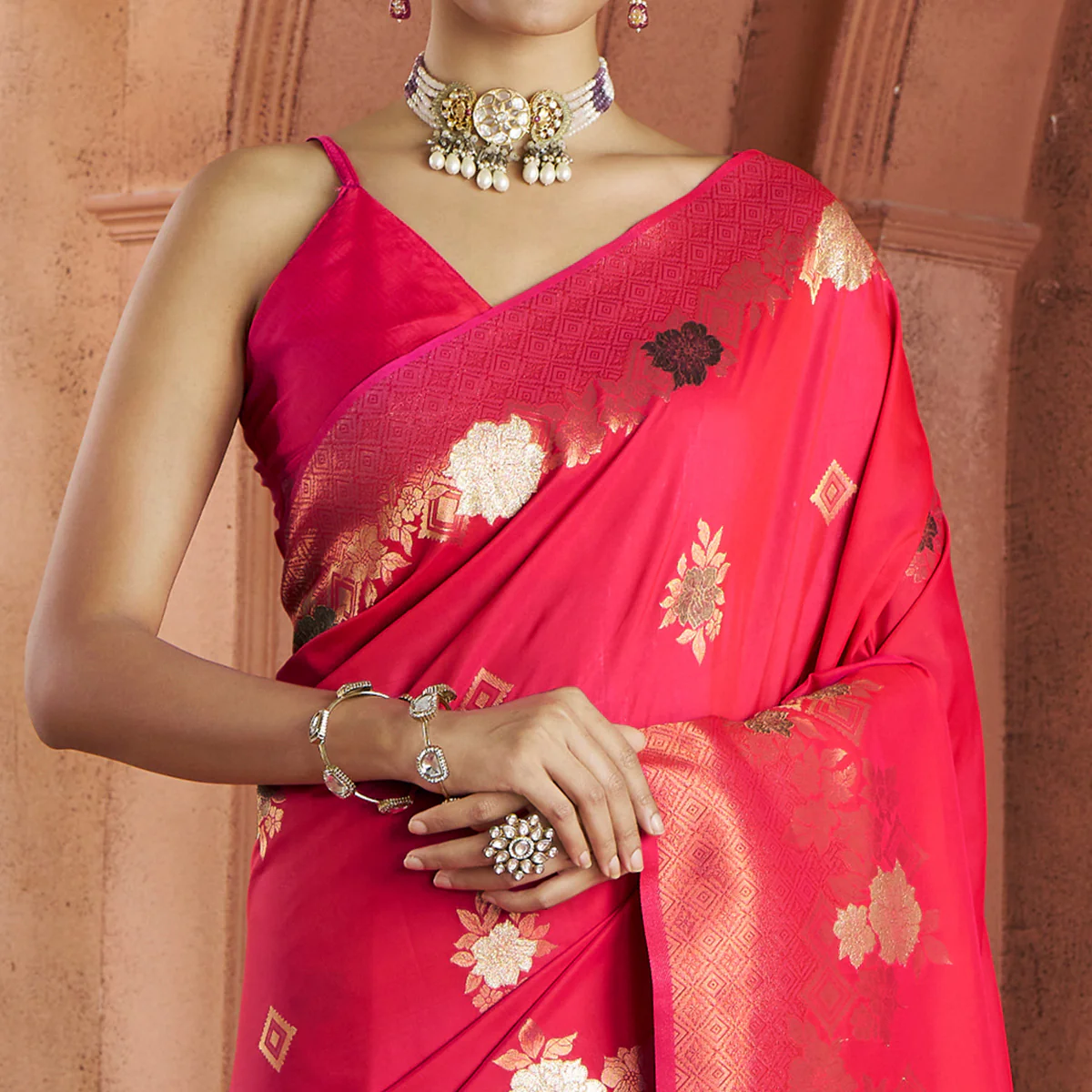 Crimson Red Floral Woven Pure Banarasi Silk Saree - Image 3