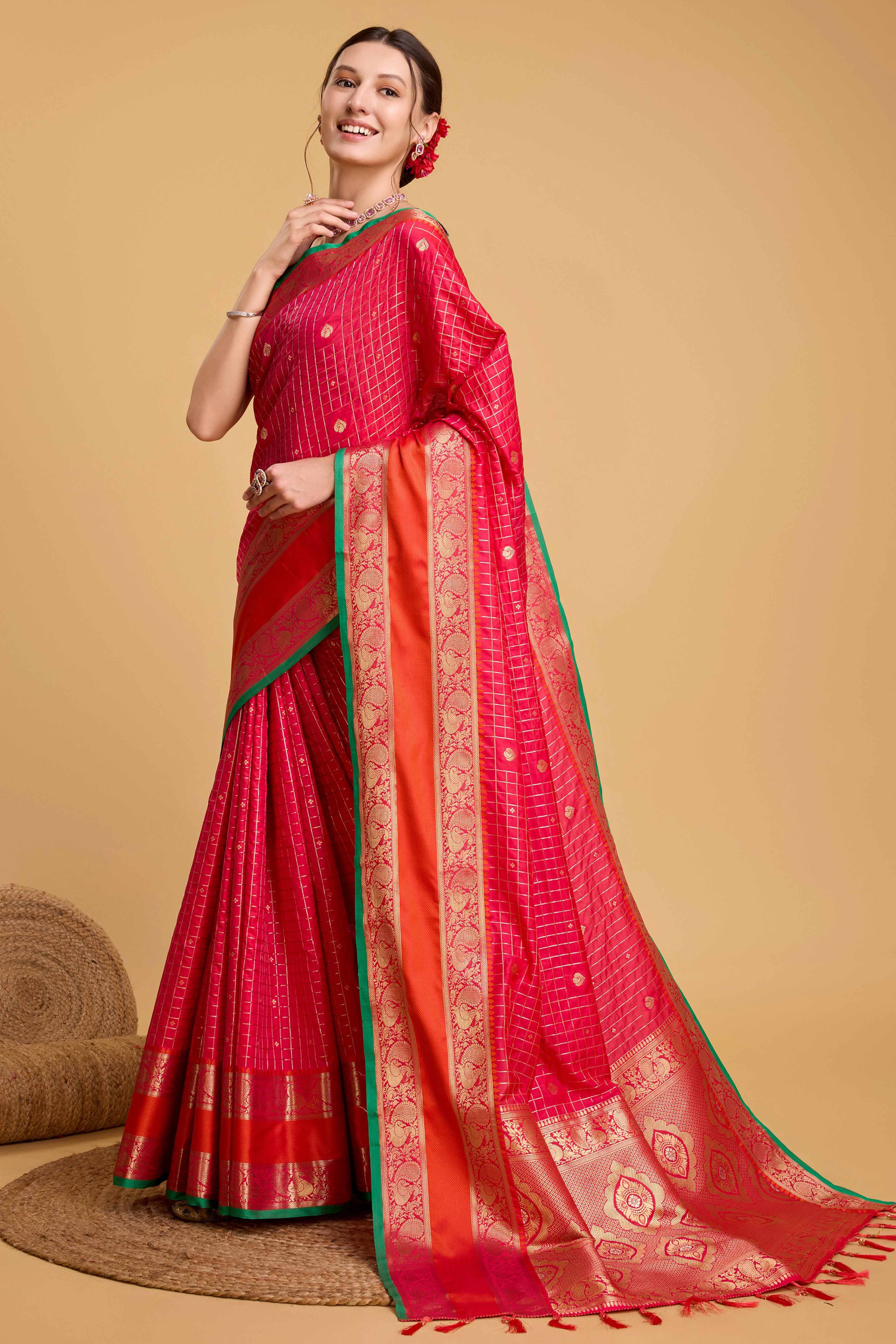 Crimson Red Zari Weaving Banarasi Silk Saree - Image 4