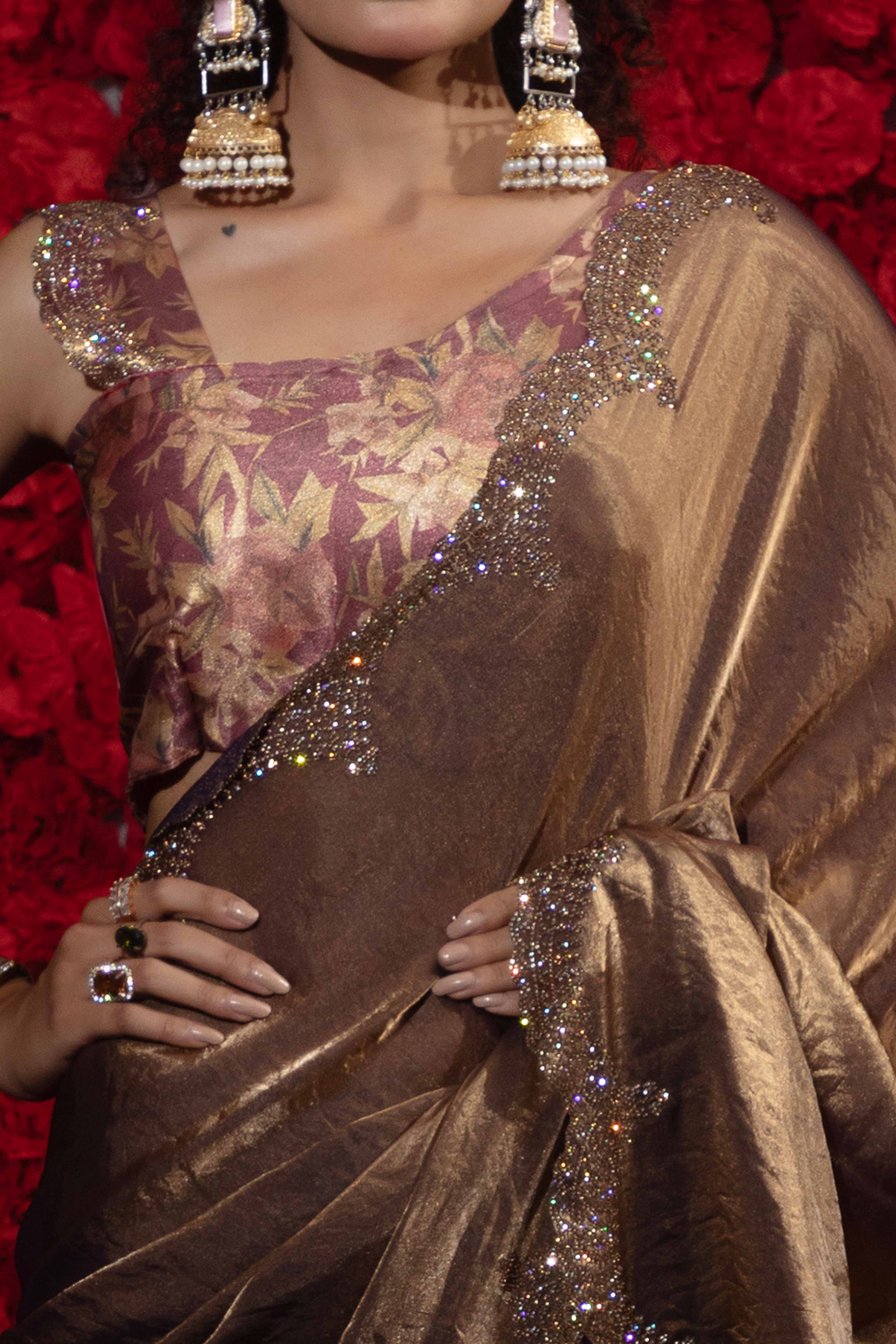 Crushed Satin Silk Embellished Saree in Bronze Brown with Sparkling Stone Work - Image 2