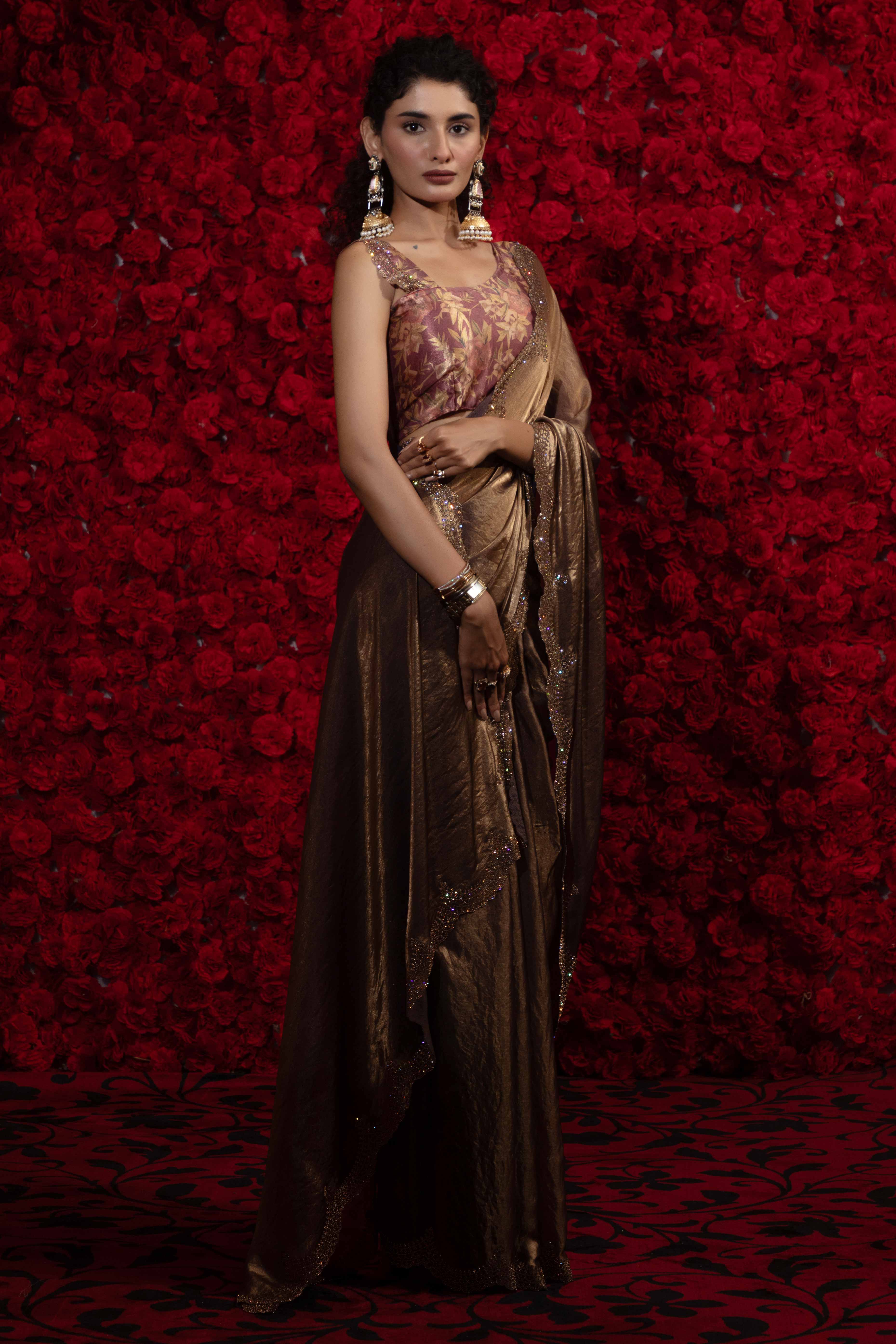 Crushed Satin Silk Embellished Saree in Bronze Brown with Sparkling Stone Work - Image 3