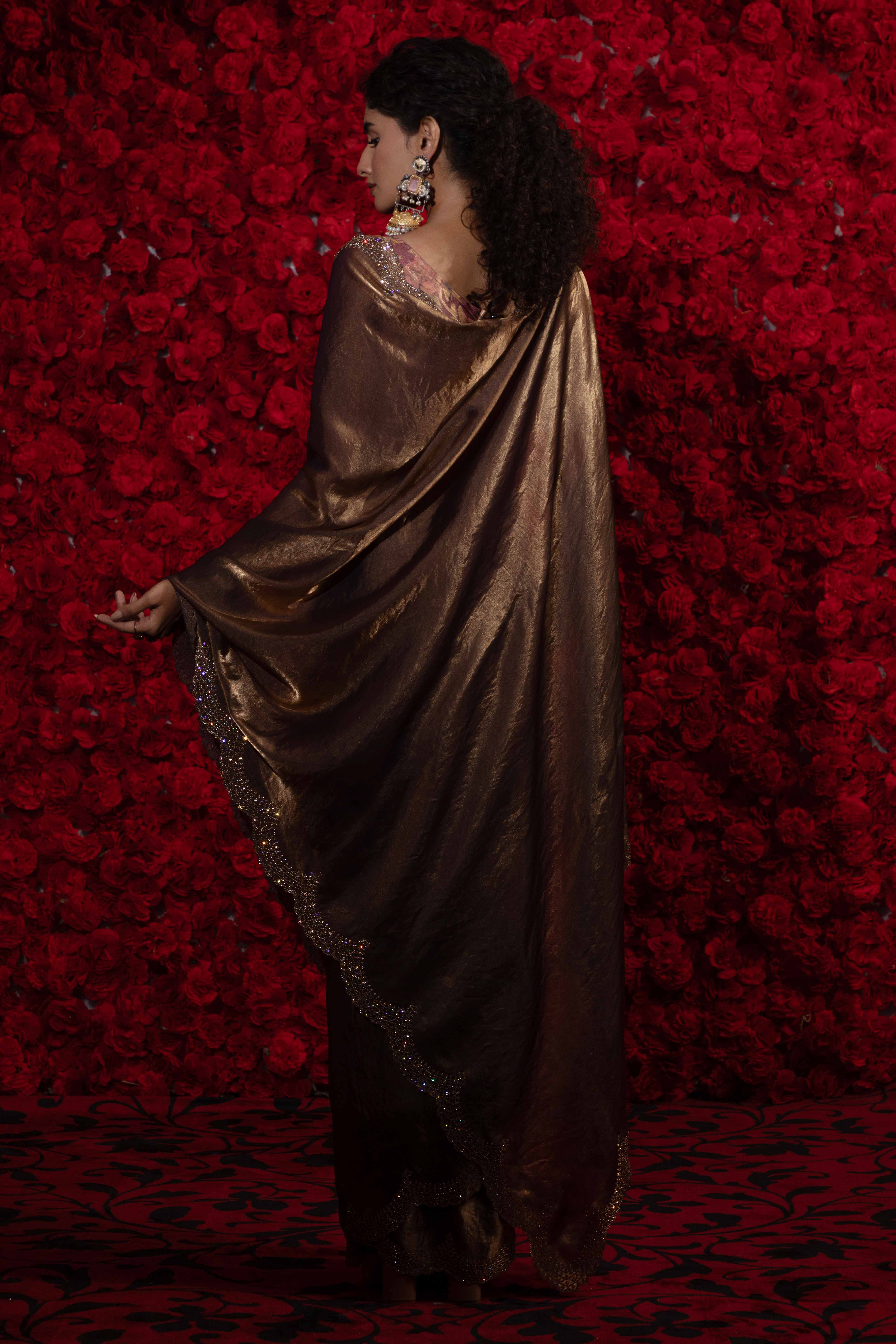 Crushed Satin Silk Embellished Saree in Bronze Brown with Sparkling Stone Work - Image 4