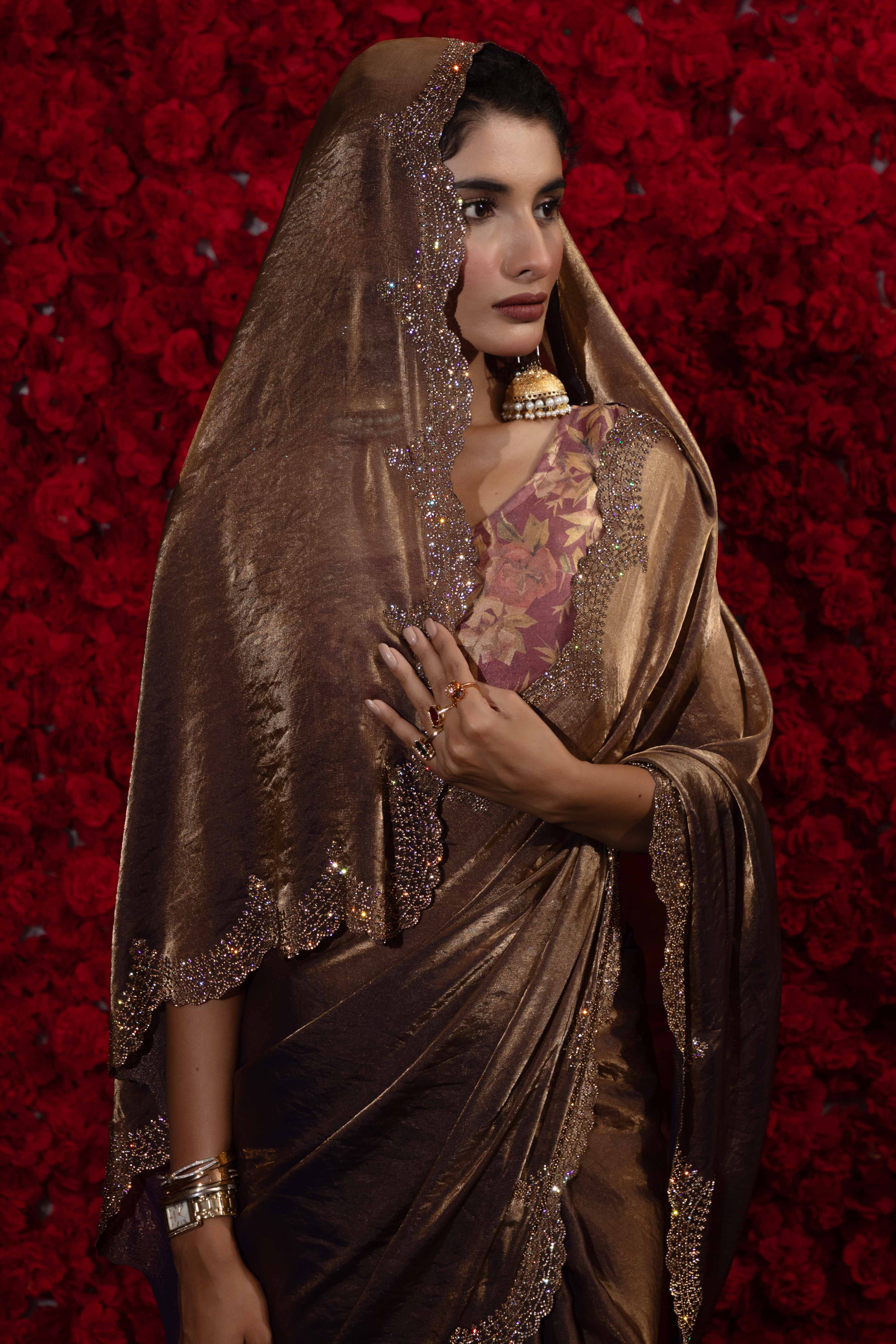 Crushed Satin Silk Embellished Saree in Bronze Brown with Sparkling Stone Work - Image 5
