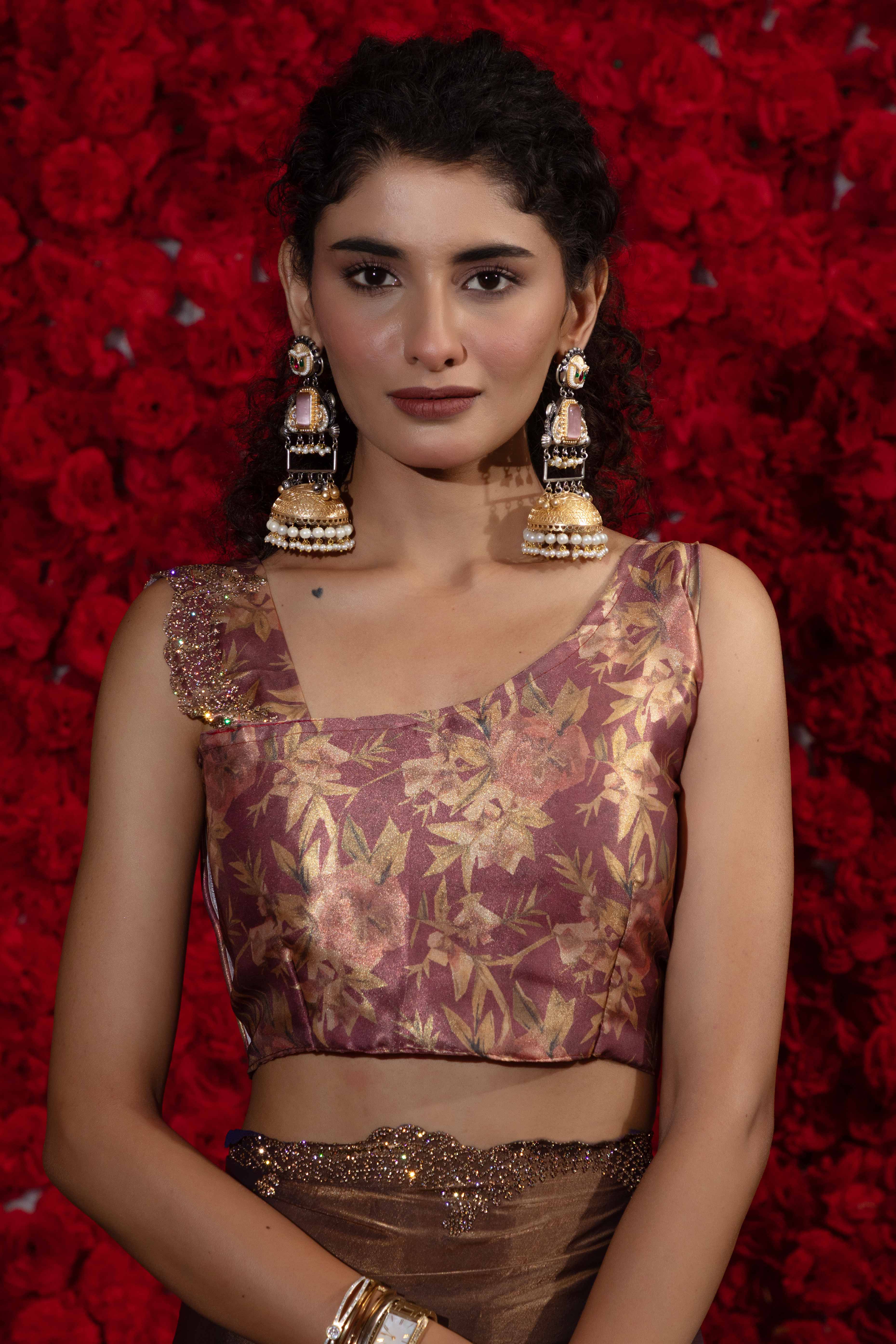 Crushed Satin Silk Embellished Saree in Bronze Brown with Sparkling Stone Work - Image 6