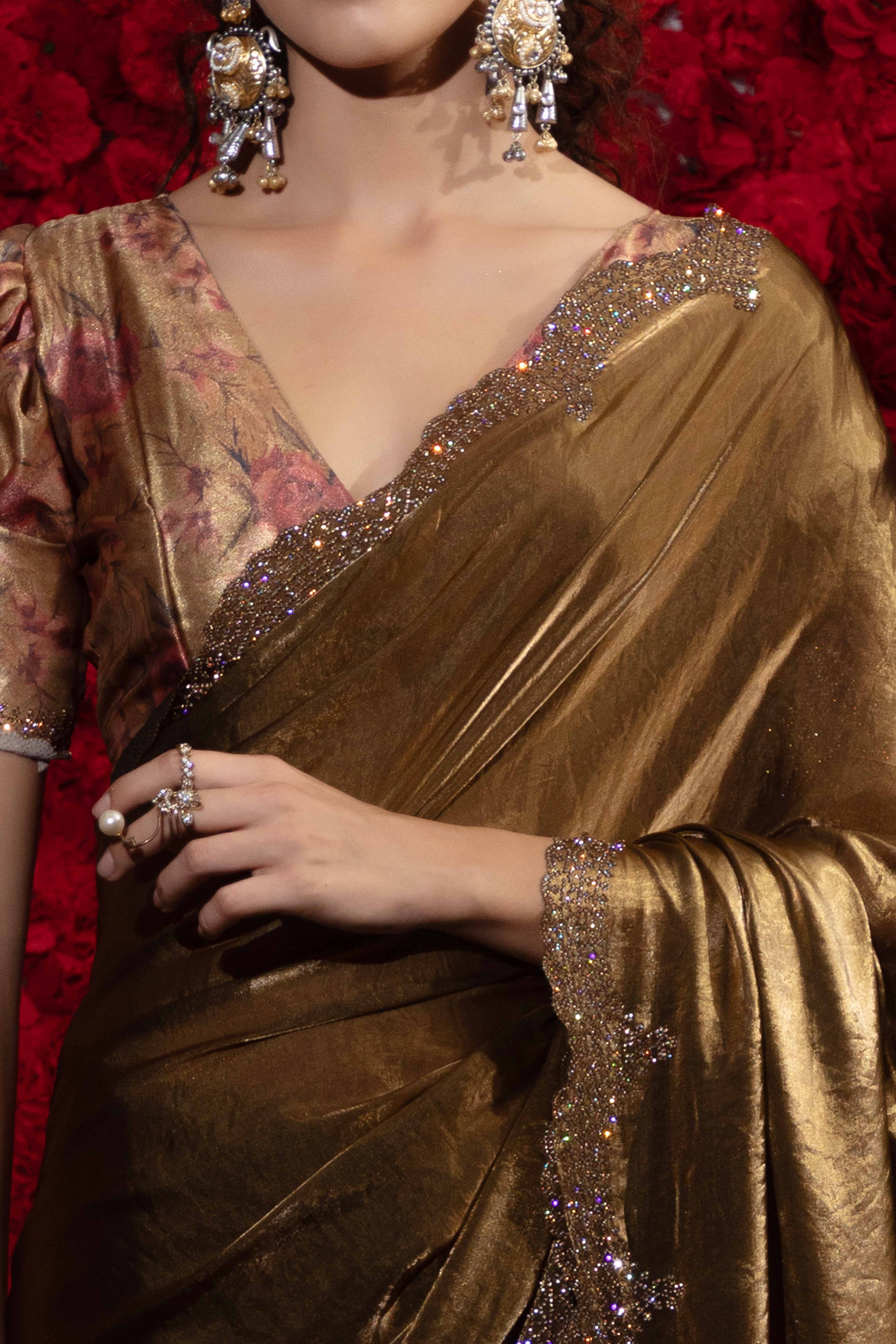Crushed Satin Silk Embellished Saree in Gold with Sparkling Stone Work - Image 2