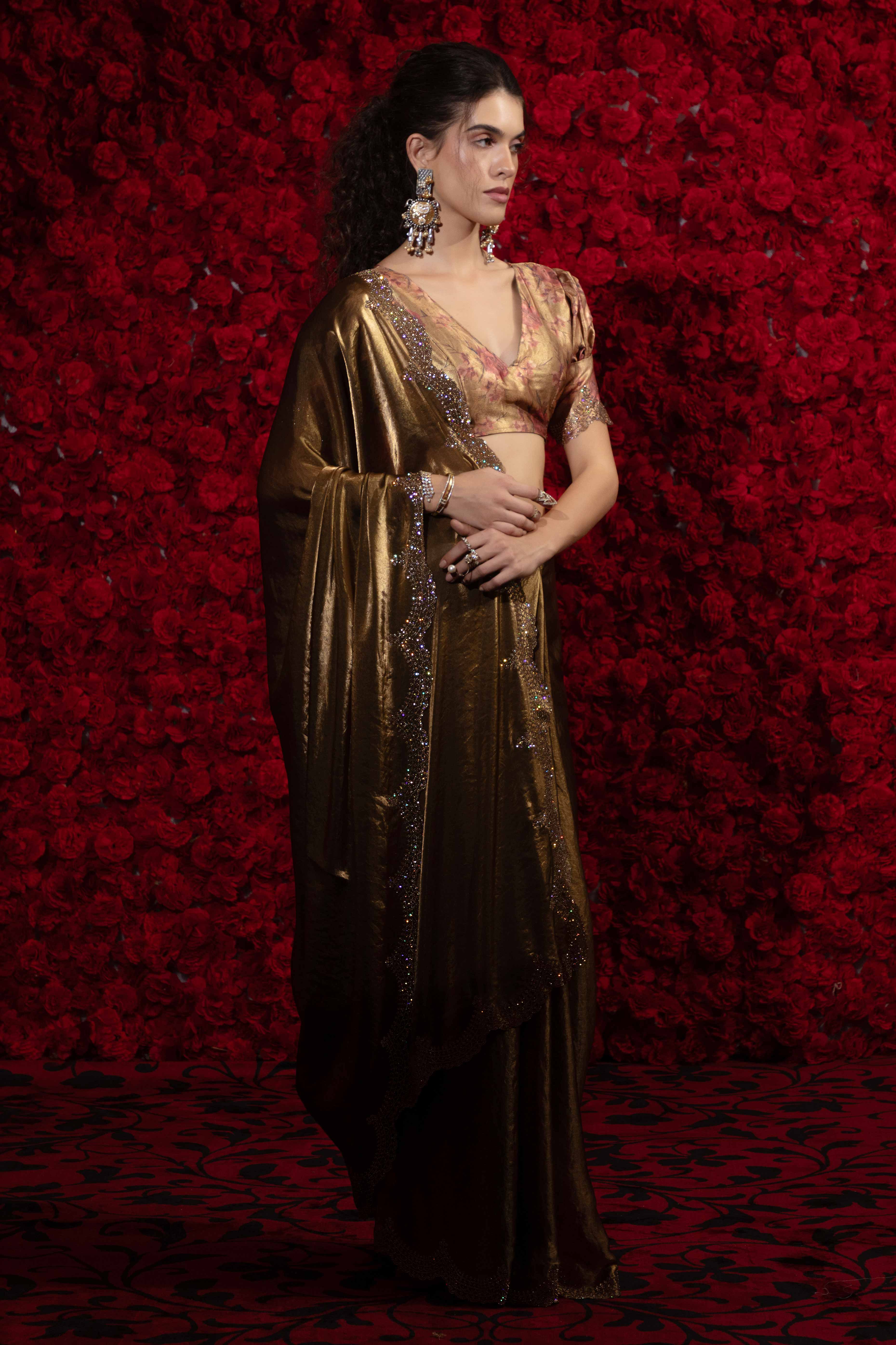 Crushed Satin Silk Embellished Saree in Gold with Sparkling Stone Work - Image 3