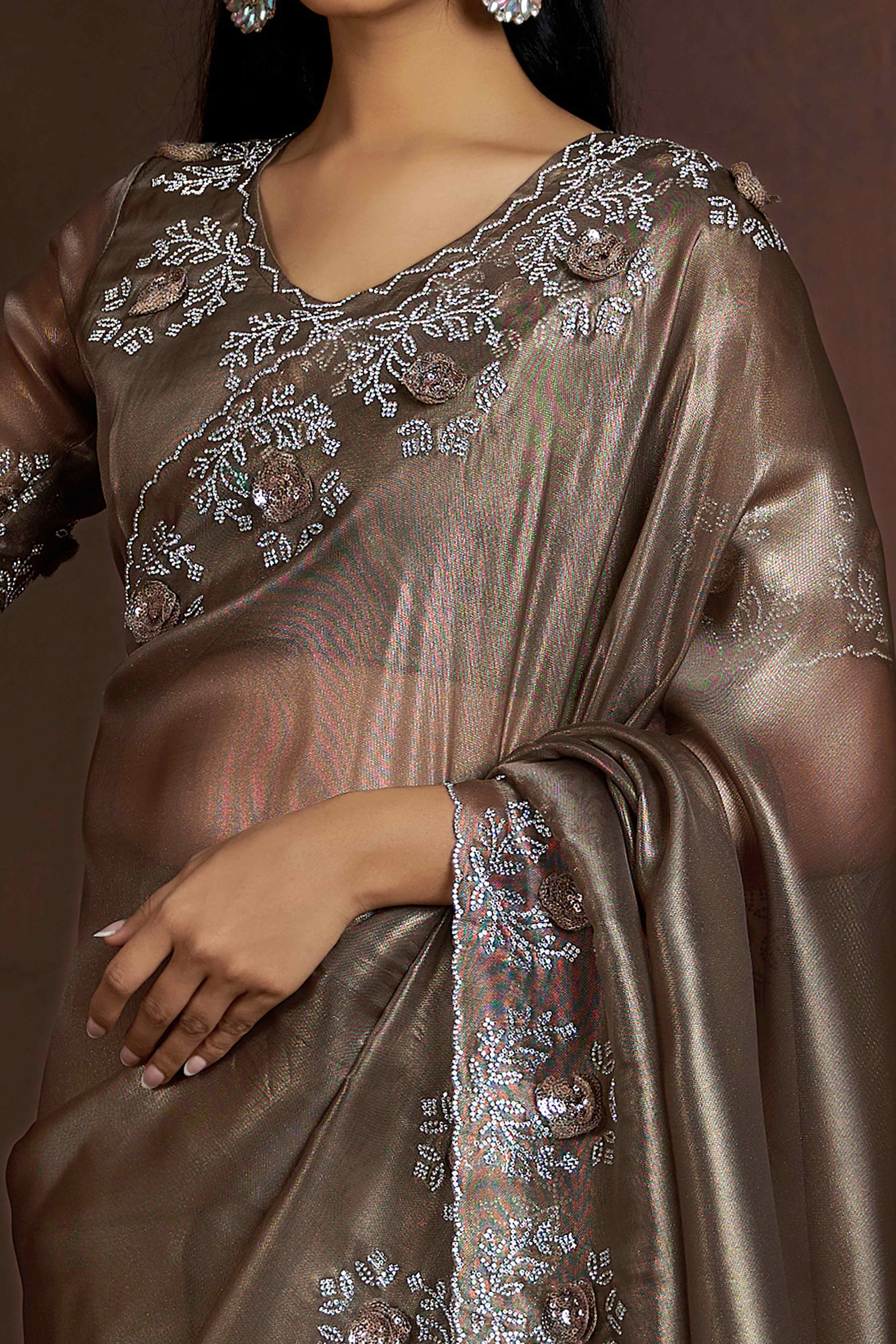 Dark Beige Floral Sequins With Zarkan Work Organza Saree - Image 2