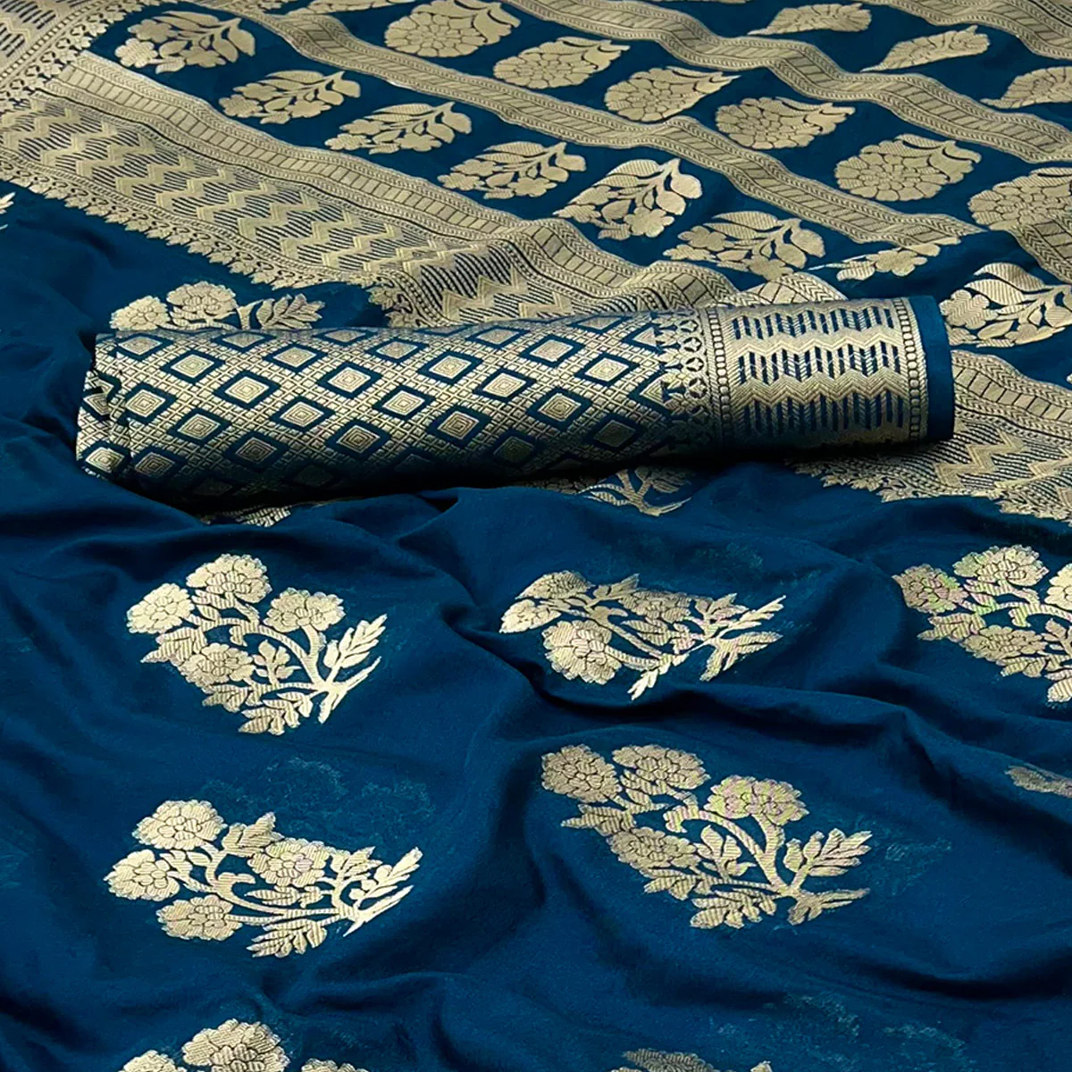 Dark Blue Crepe Silk Saree With Floral Zari Weaving & Stylish Tassel Pallu - Image 2