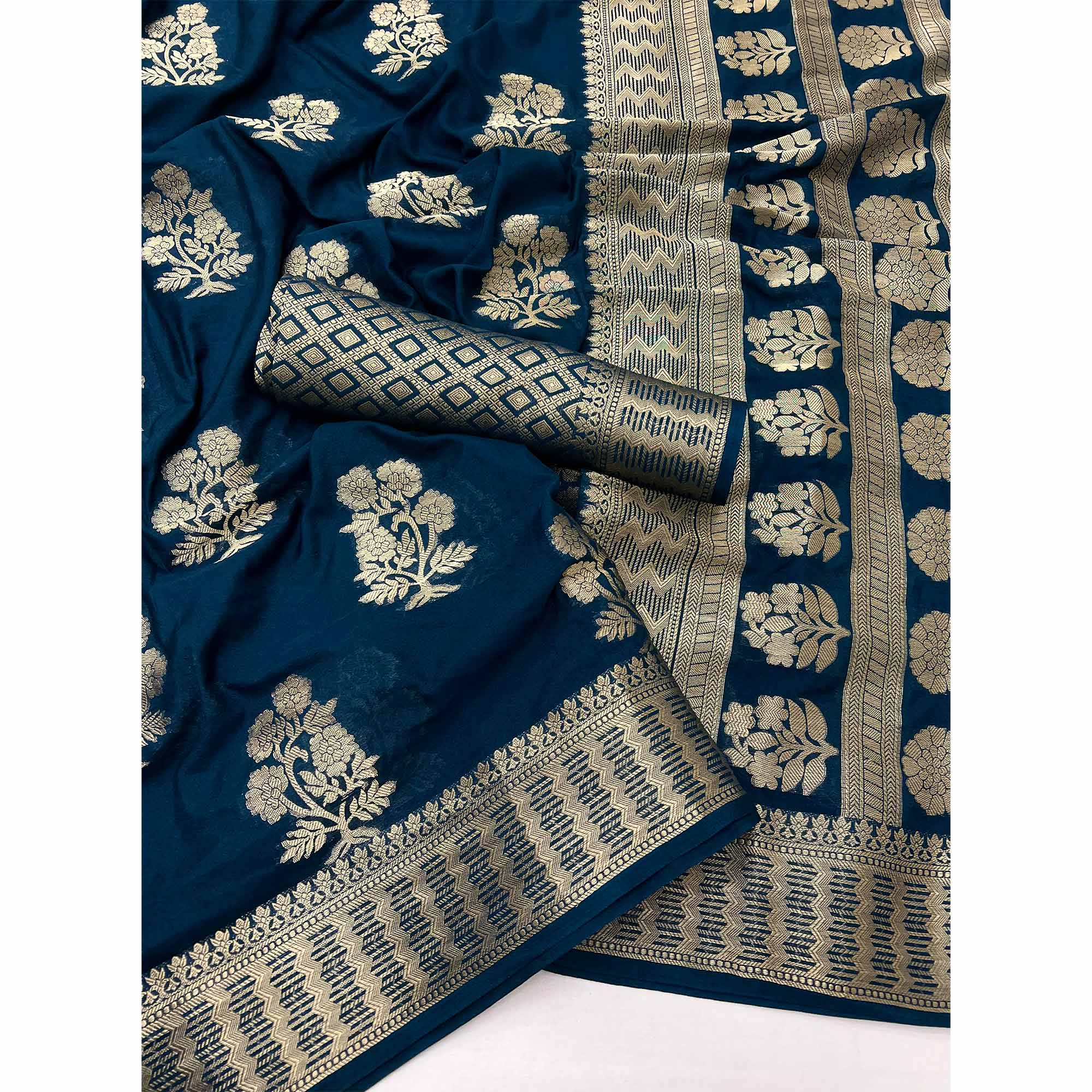 Dark Blue Crepe Silk Saree With Floral Zari Weaving & Stylish Tassel Pallu - Image 3