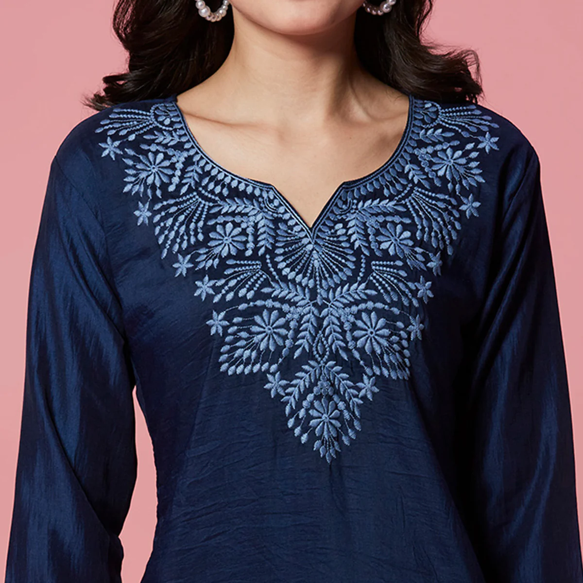 Dark Blue Embroidered Cotton Blend Top - Image 4