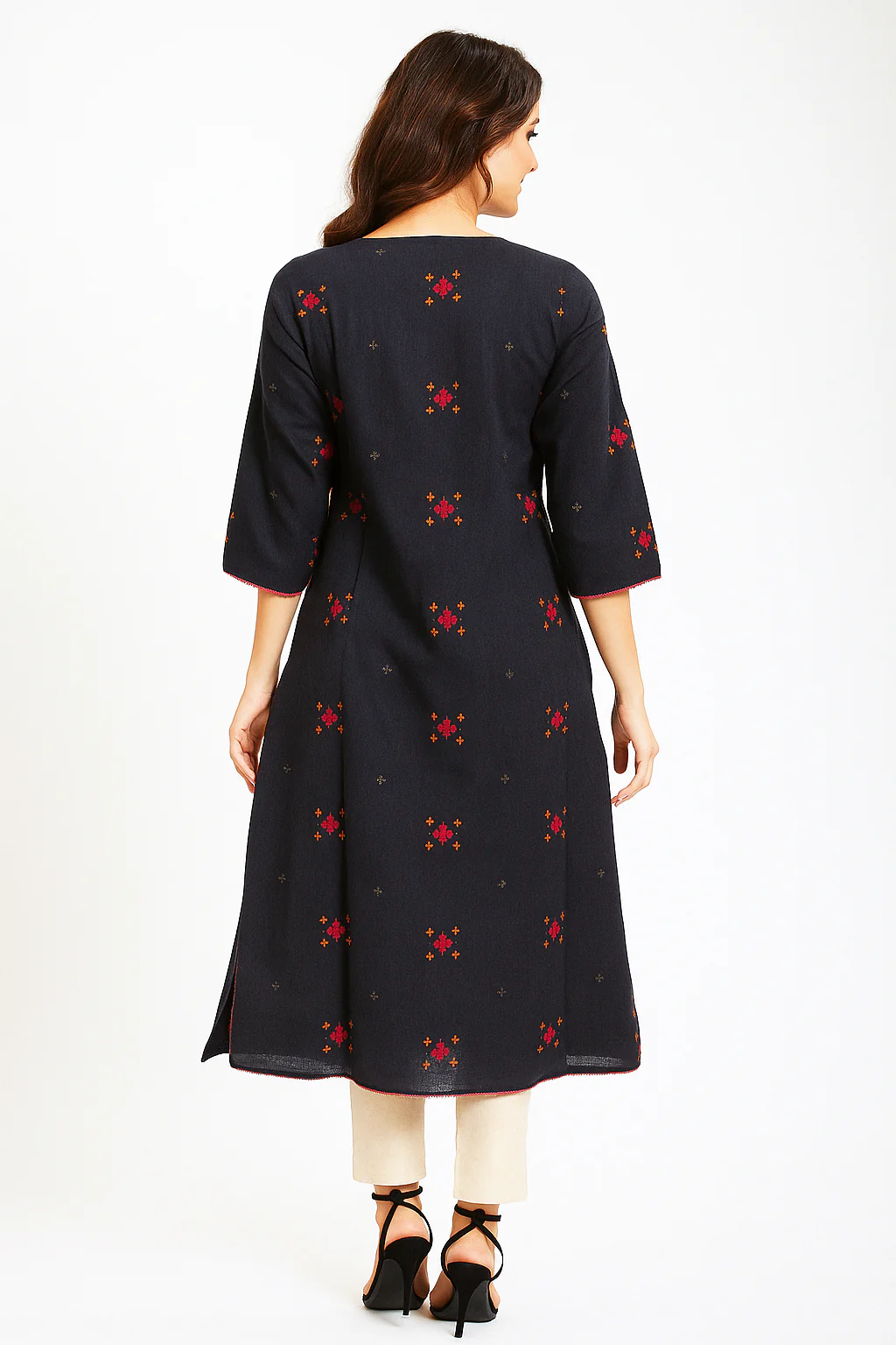 Dark Blue Handloom Cotton Woven Kurti in Elegant A-Line Silhouette - Image 3