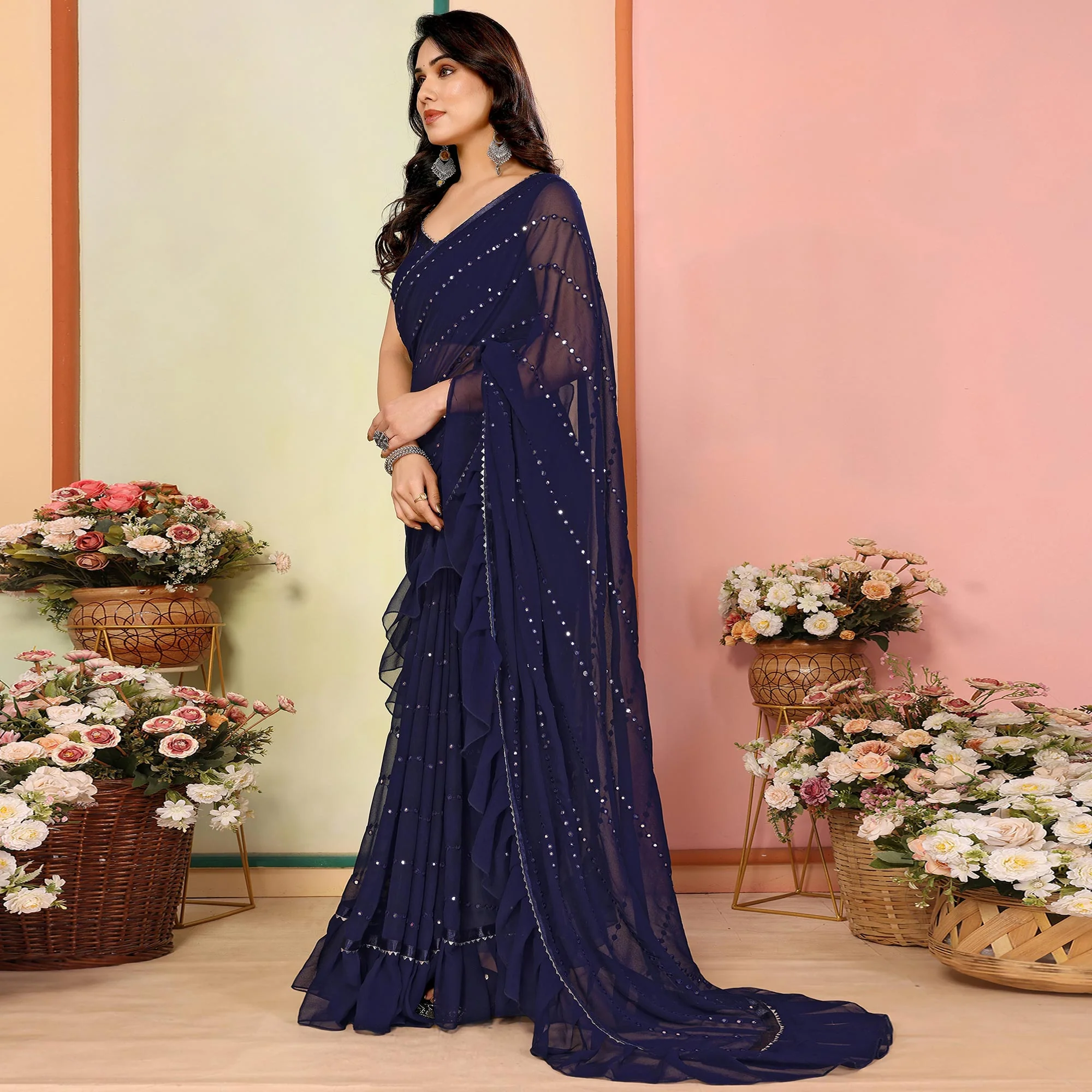 Dark Blue Mirror Work Embroidered Georgette Saree With Ruffle Border - Image 2