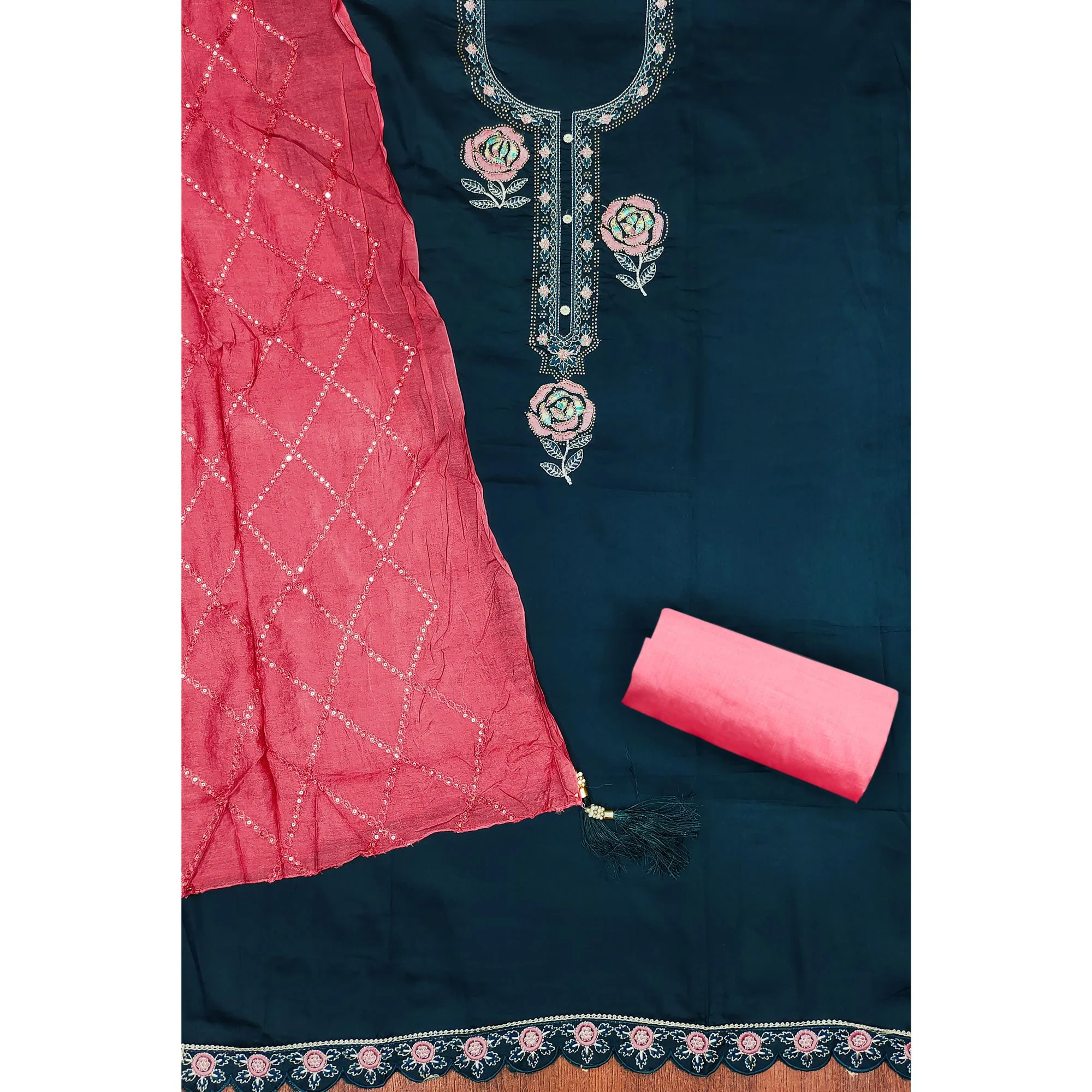 Dark Blue Pure Cotton Dress Material Adorned With Floral Embroidery & Sparkling Swarovski - Image 5