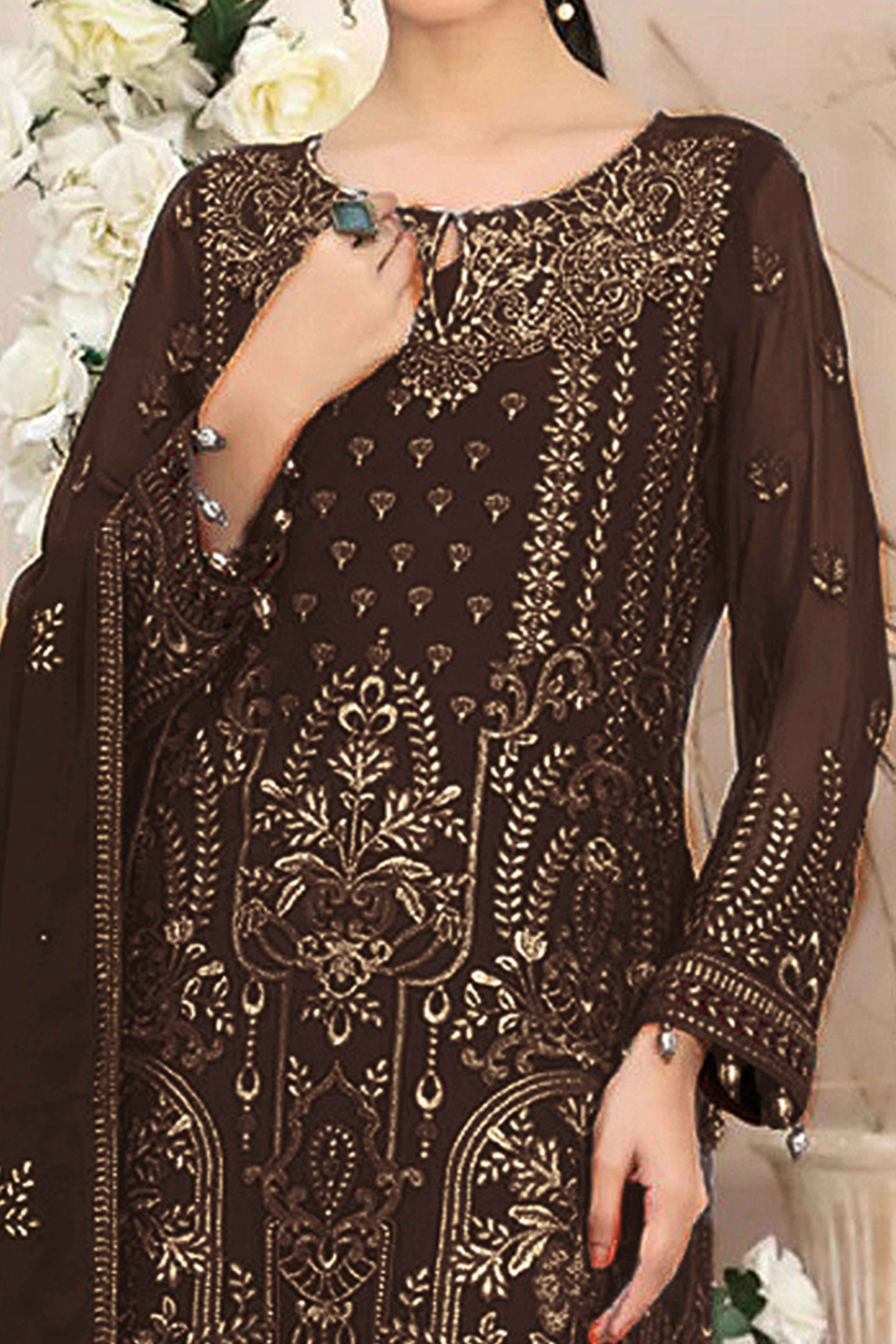 Dark Brown Floral Embroidered Georgette Dress Material - Image 2