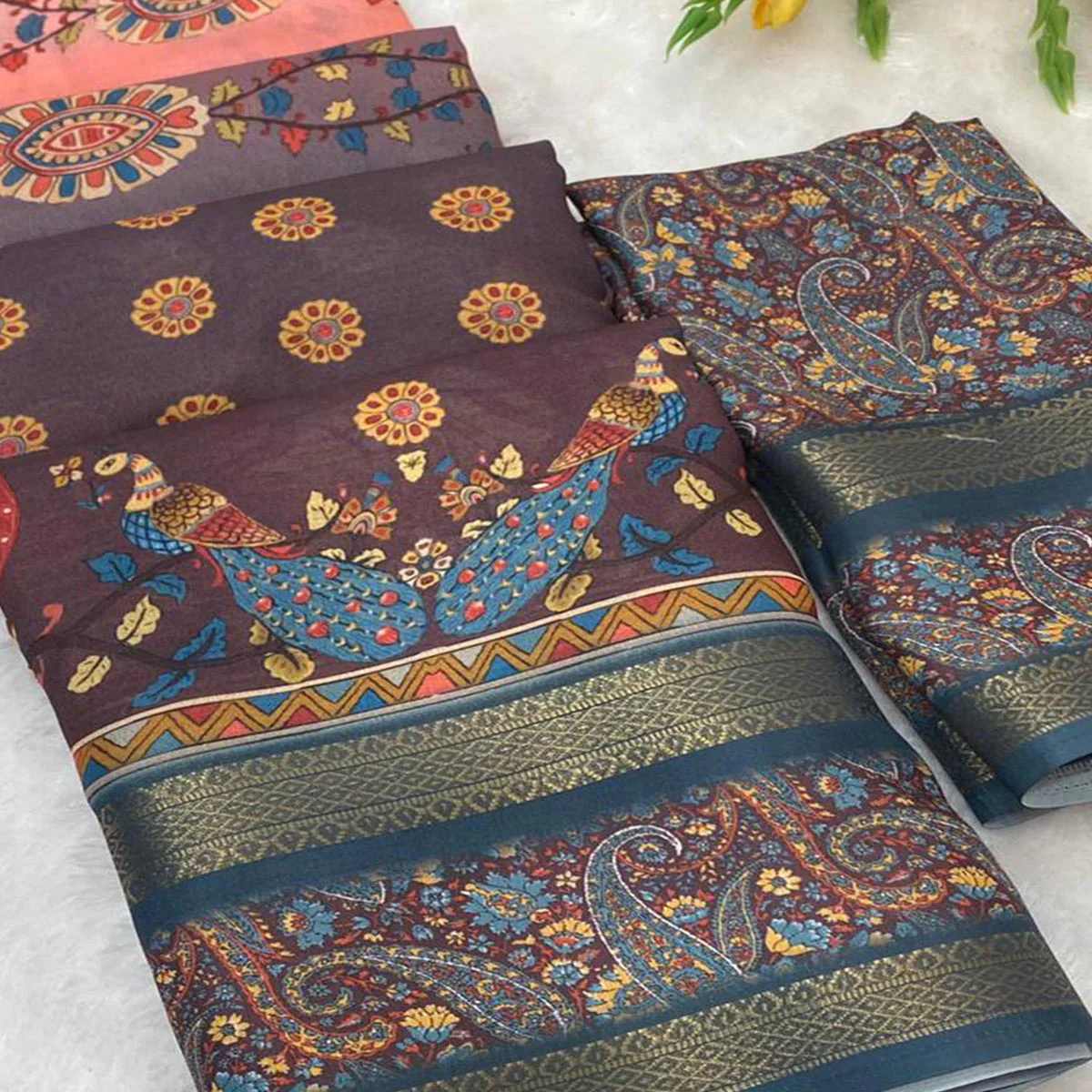 Dark Brown Floral Moss Georgette Saree with Elegant Drape & Soft Texture - Image 2