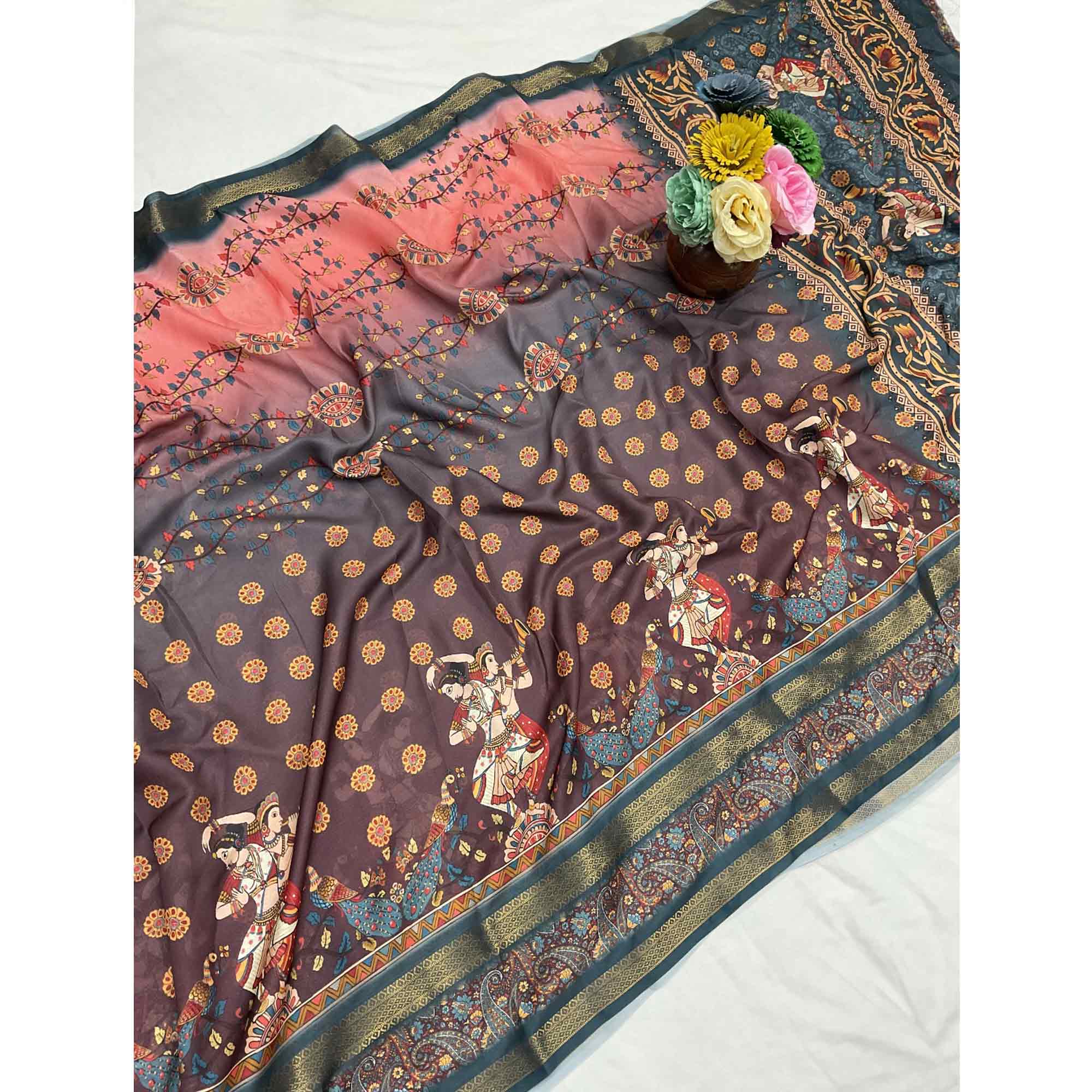 Dark Brown Floral Moss Georgette Saree with Elegant Drape & Soft Texture - Image 3