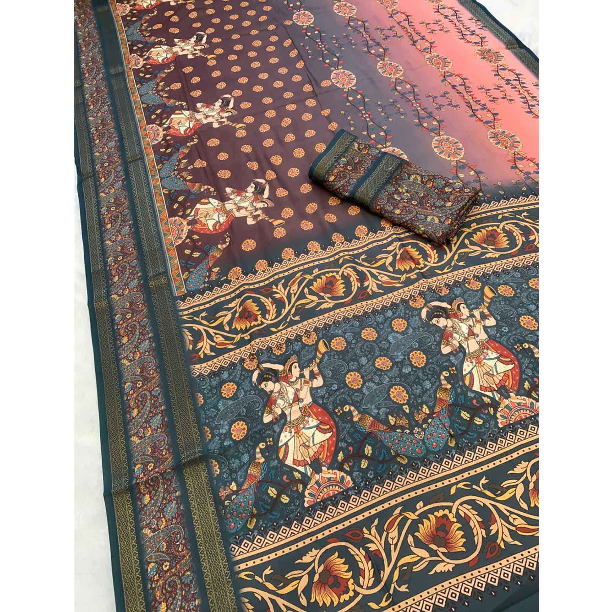 Dark Brown Floral Moss Georgette Saree with Elegant Drape & Soft Texture - Image 4