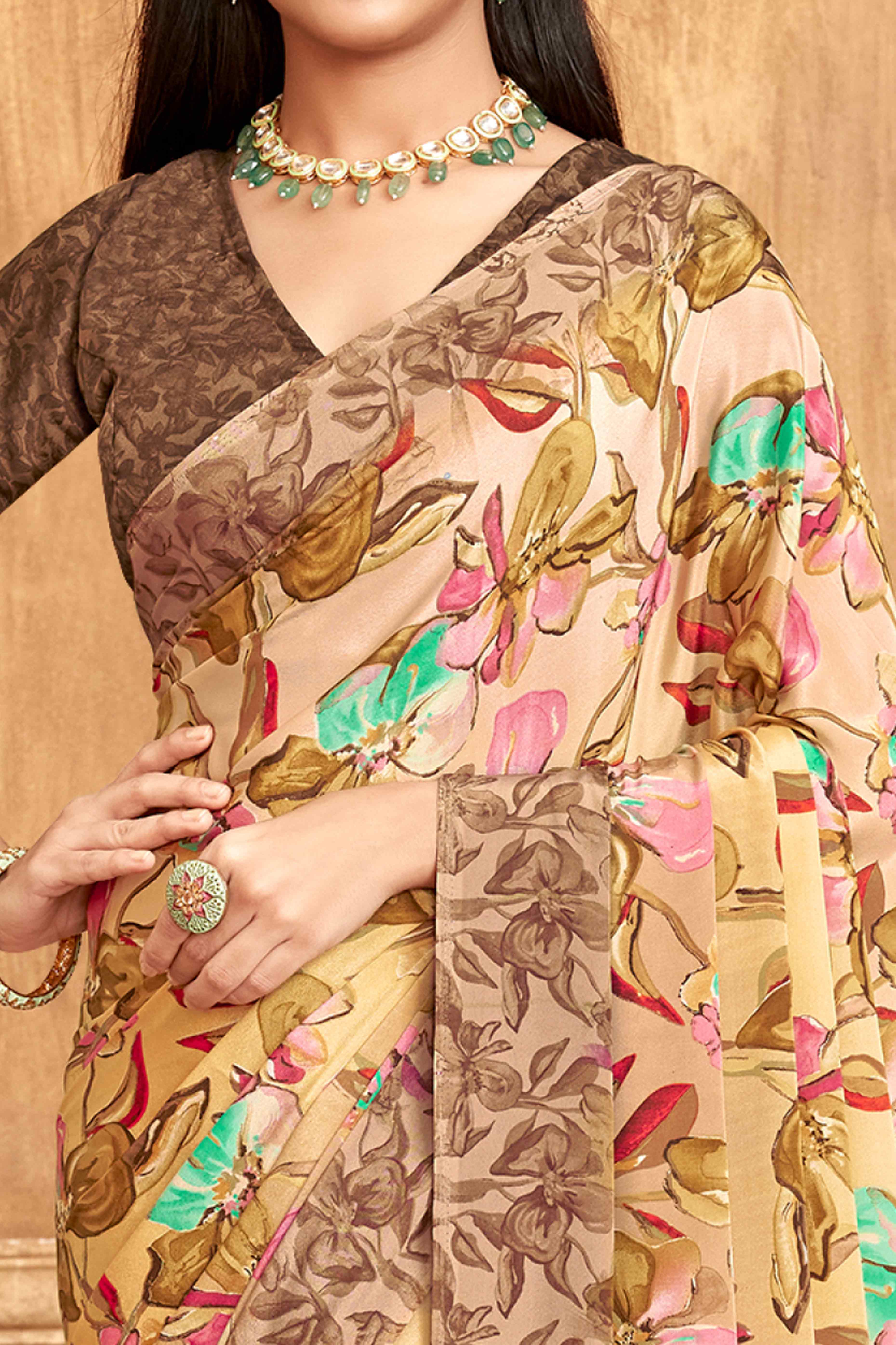 Dark Brown Floral Printed Crepe Silk Saree - Image 2