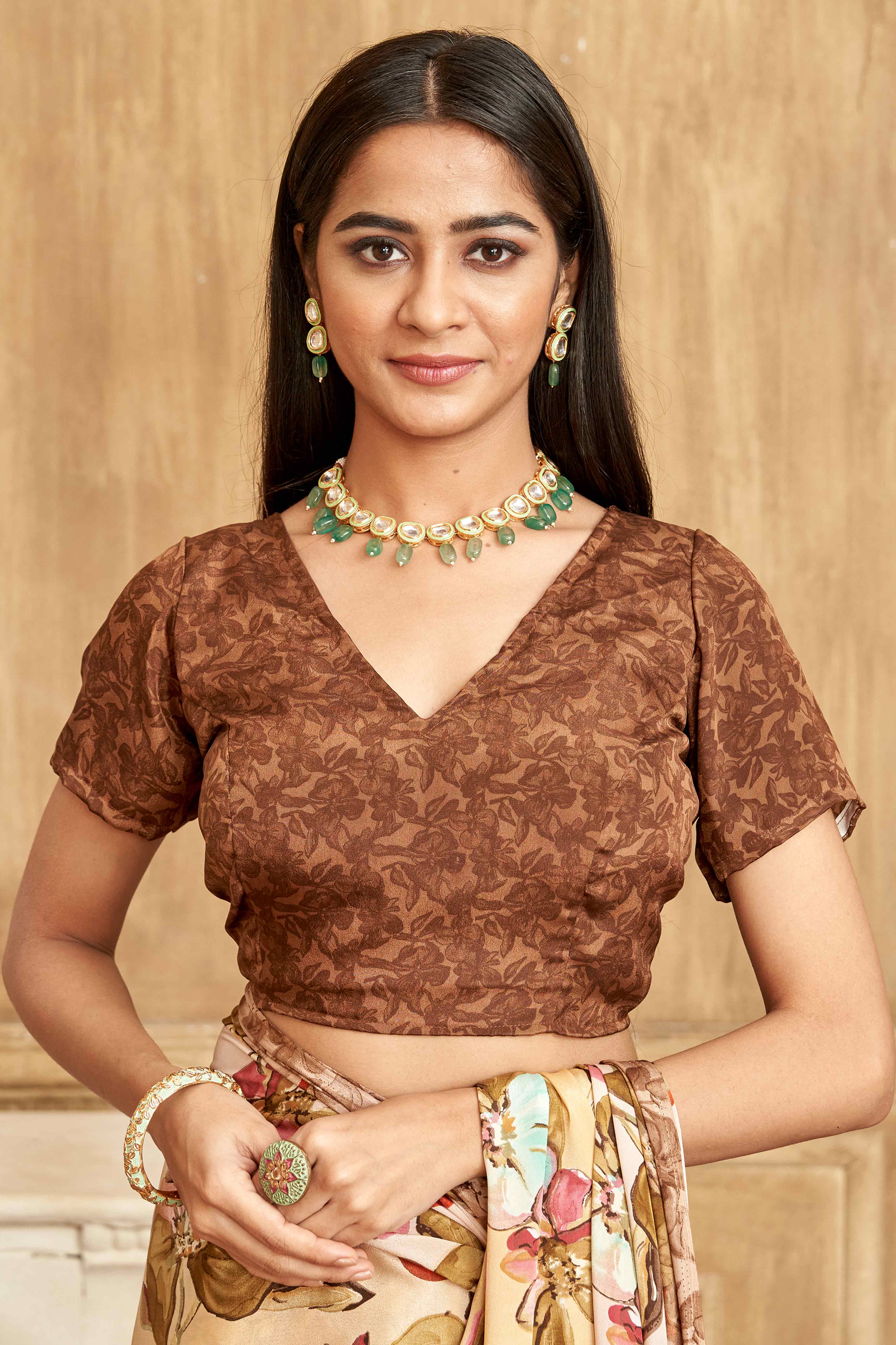 Dark Brown Floral Printed Crepe Silk Saree - Image 4