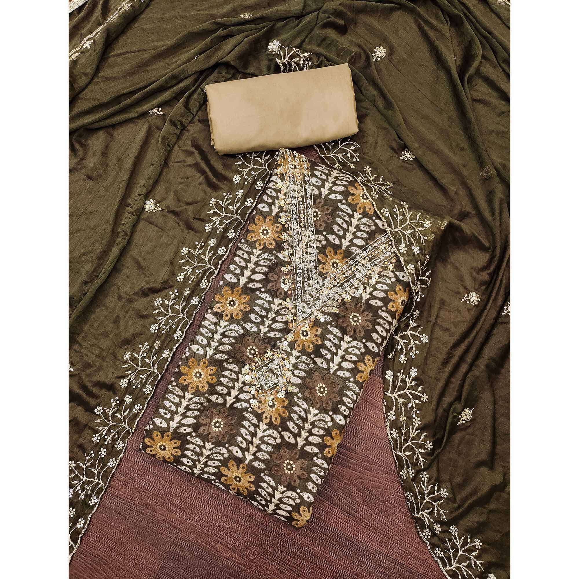 Dark Brown Floral Printed With Handwork Pure Cotton Dress Material - Image 3