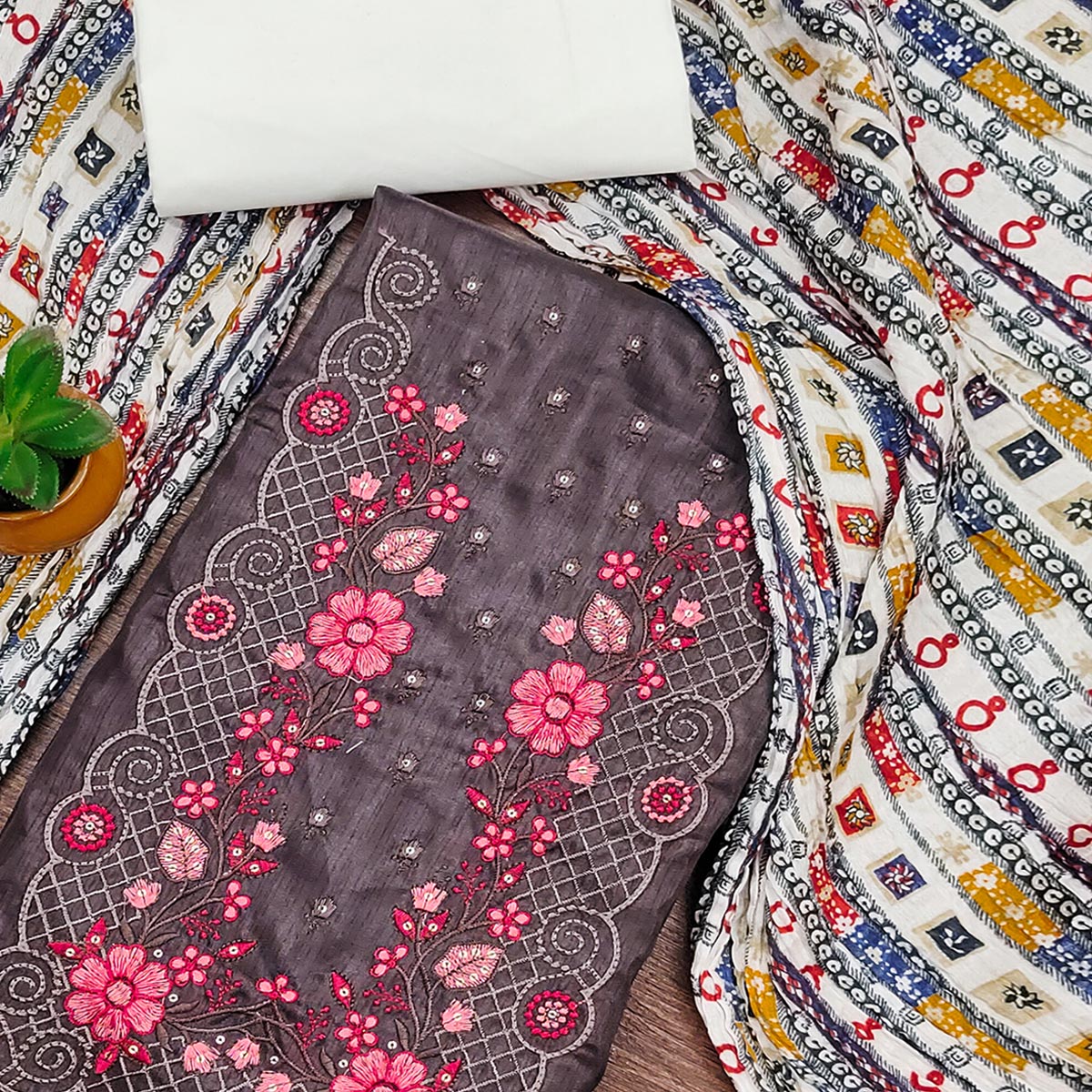 Dark Brown Floral Sequins Embroidered Cotton Silk Dress Material - Image 2