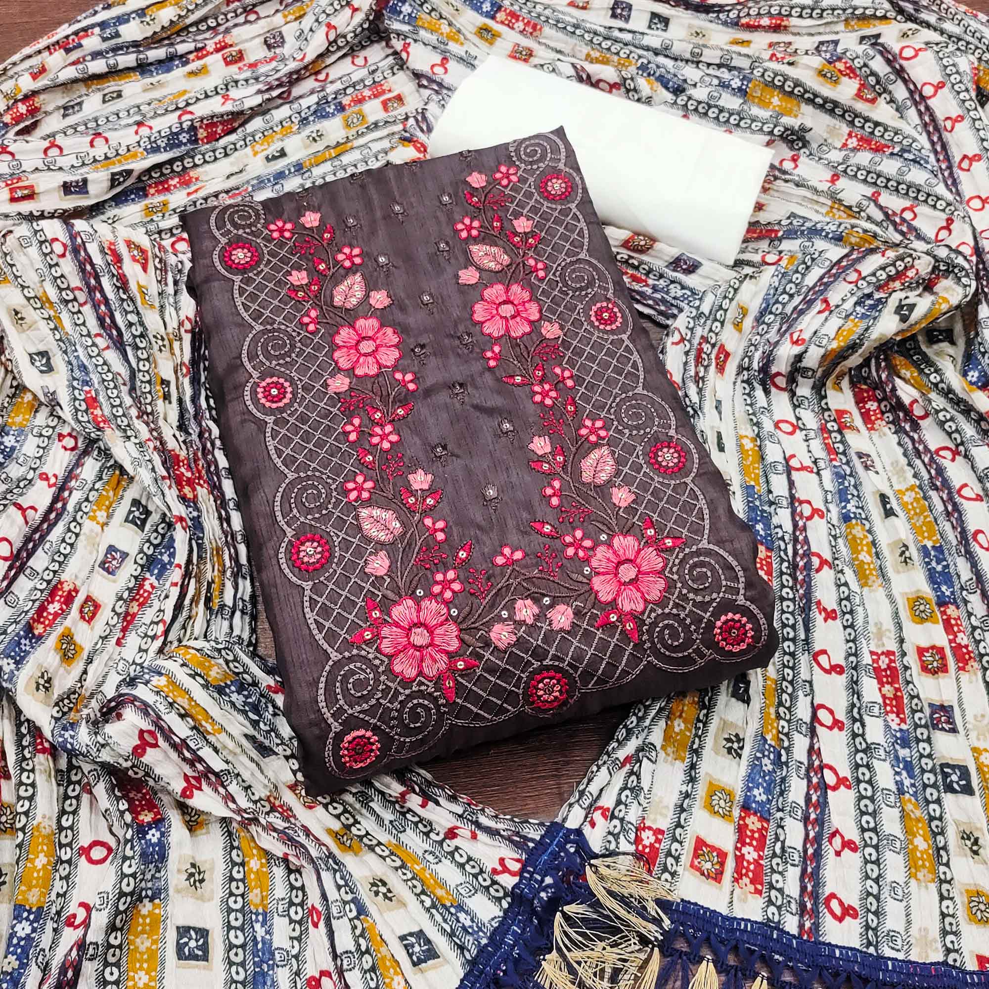 Dark Brown Floral Sequins Embroidered Cotton Silk Dress Material - Image 3
