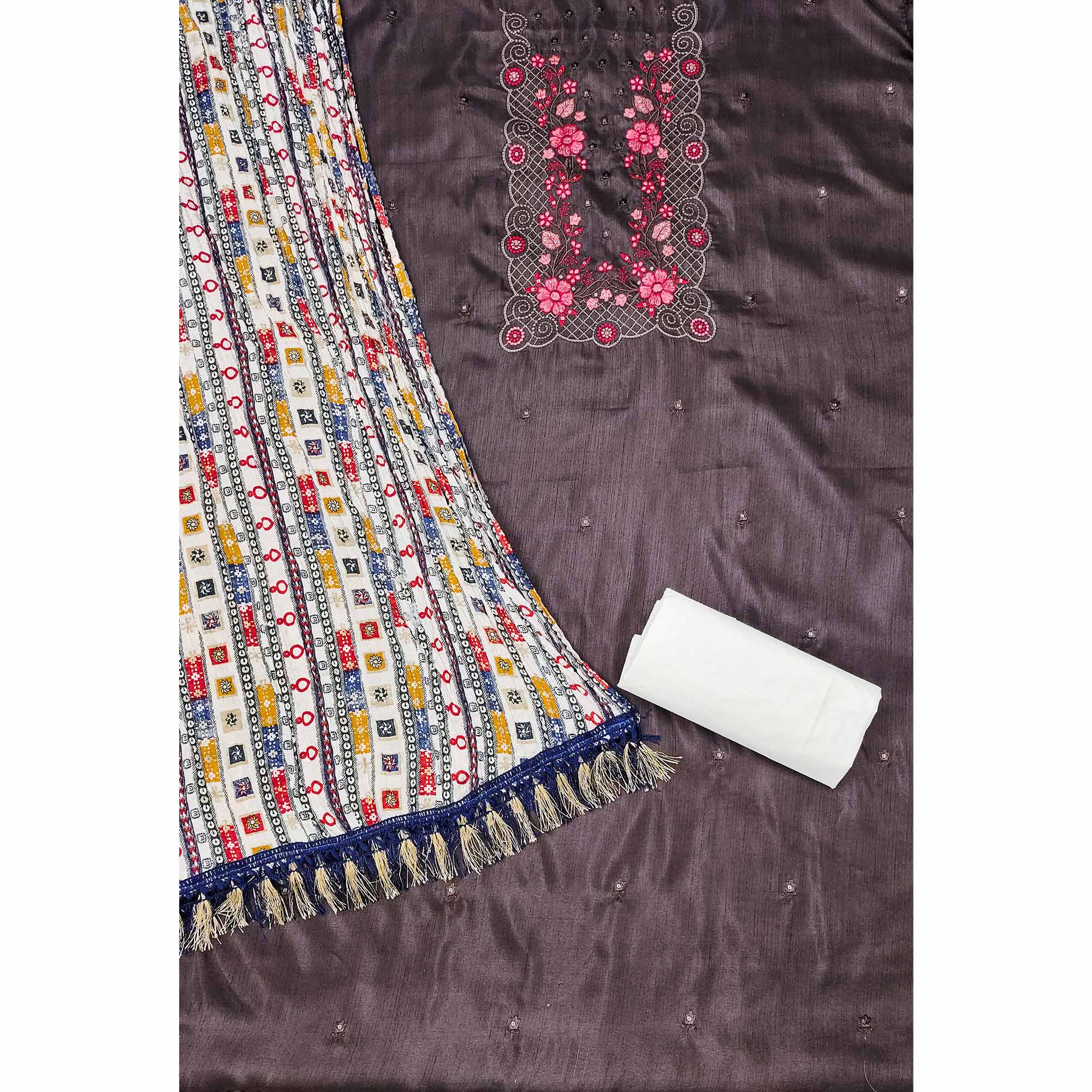 Dark Brown Floral Sequins Embroidered Cotton Silk Dress Material - Image 4