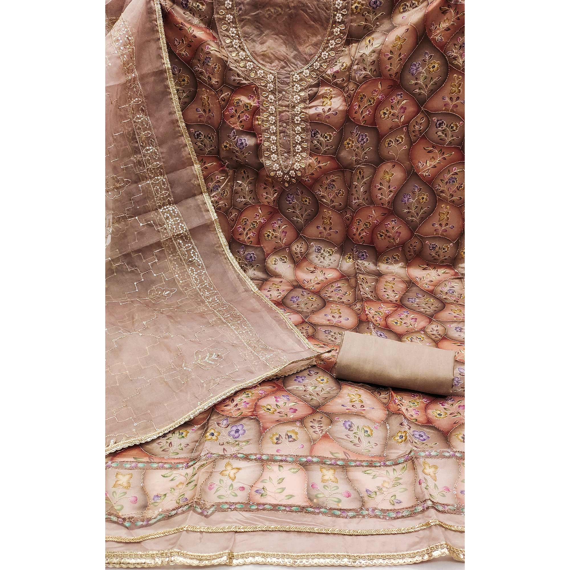 Dark Brown Floral Sequins Embroidery With Handwork Organza Dress Material - Image 4