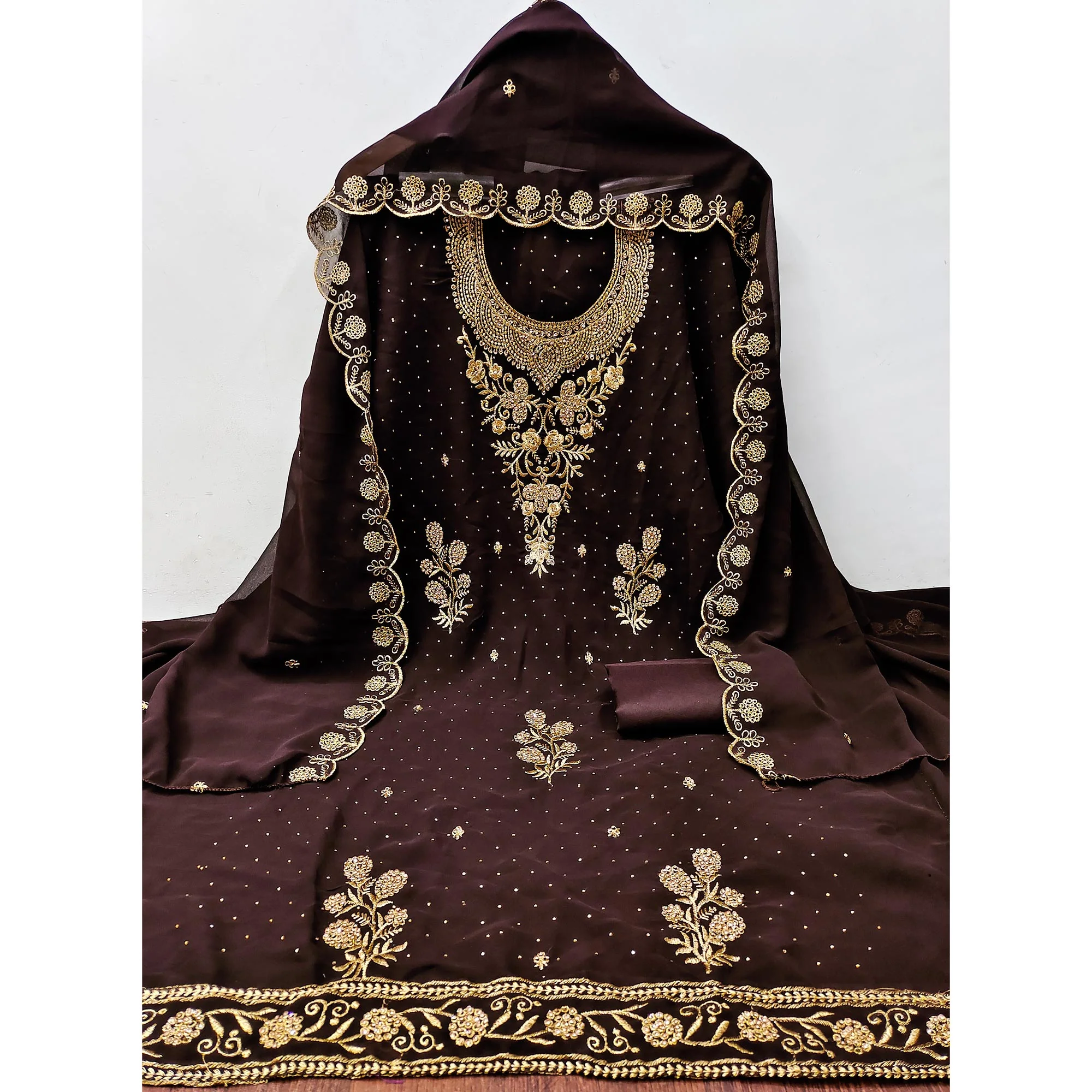 Dark Brown Georgette Dress Material With Intricate Thread And Stone Work Embroidery - Image 3