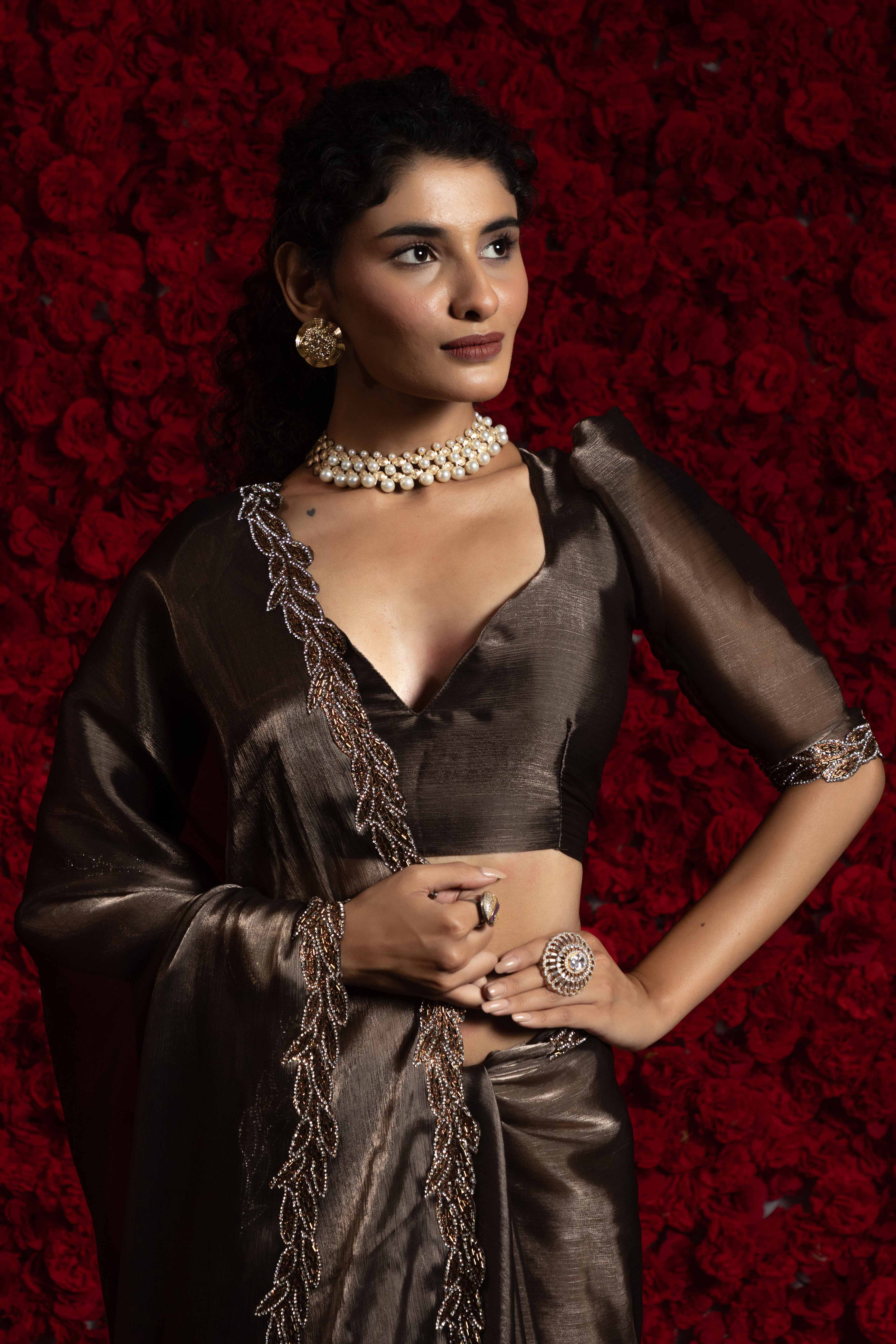 Dark Brown Solid Tissue Chiffon Saree Accented With Elegant Zarkan Work Border - Image 5