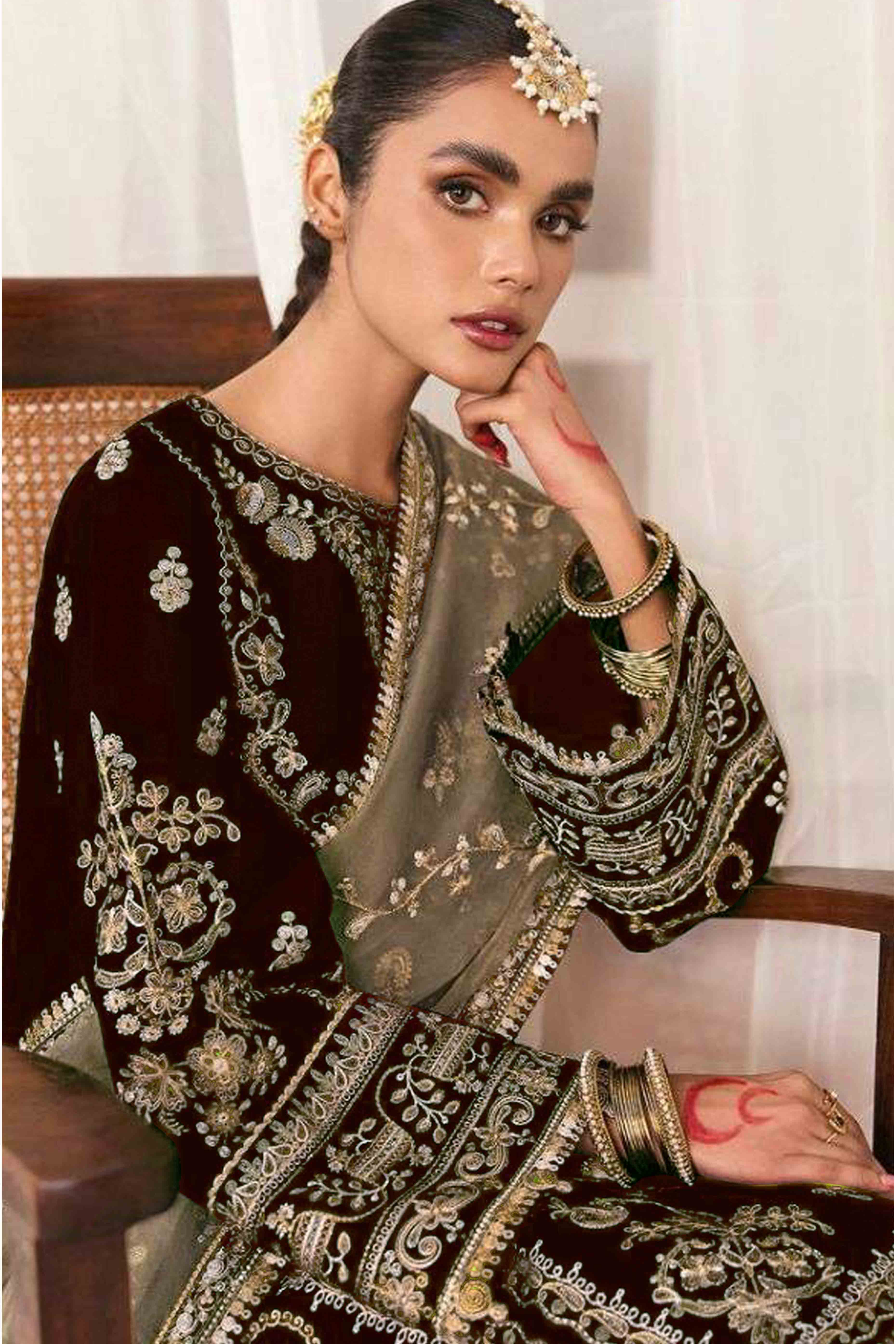 Dark Brown Velvet Dress Material Adorned with Sequins & Thread Embroidery - Image 3