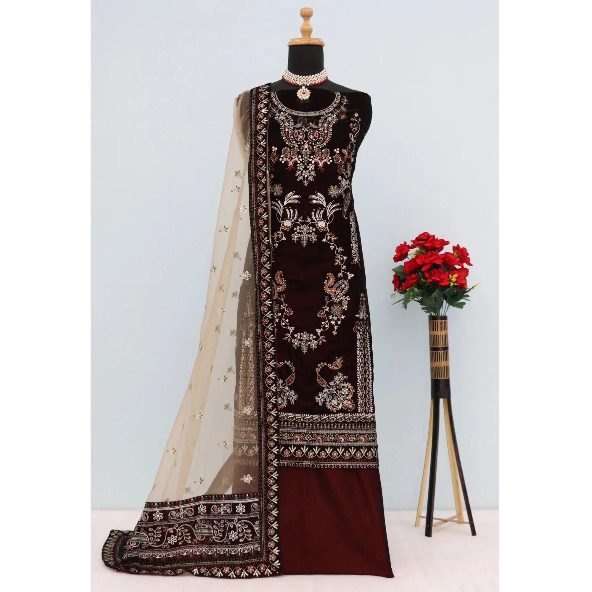 Dark Brown Velvet Dress Material Adorned with Sequins & Thread Embroidery - Image 4