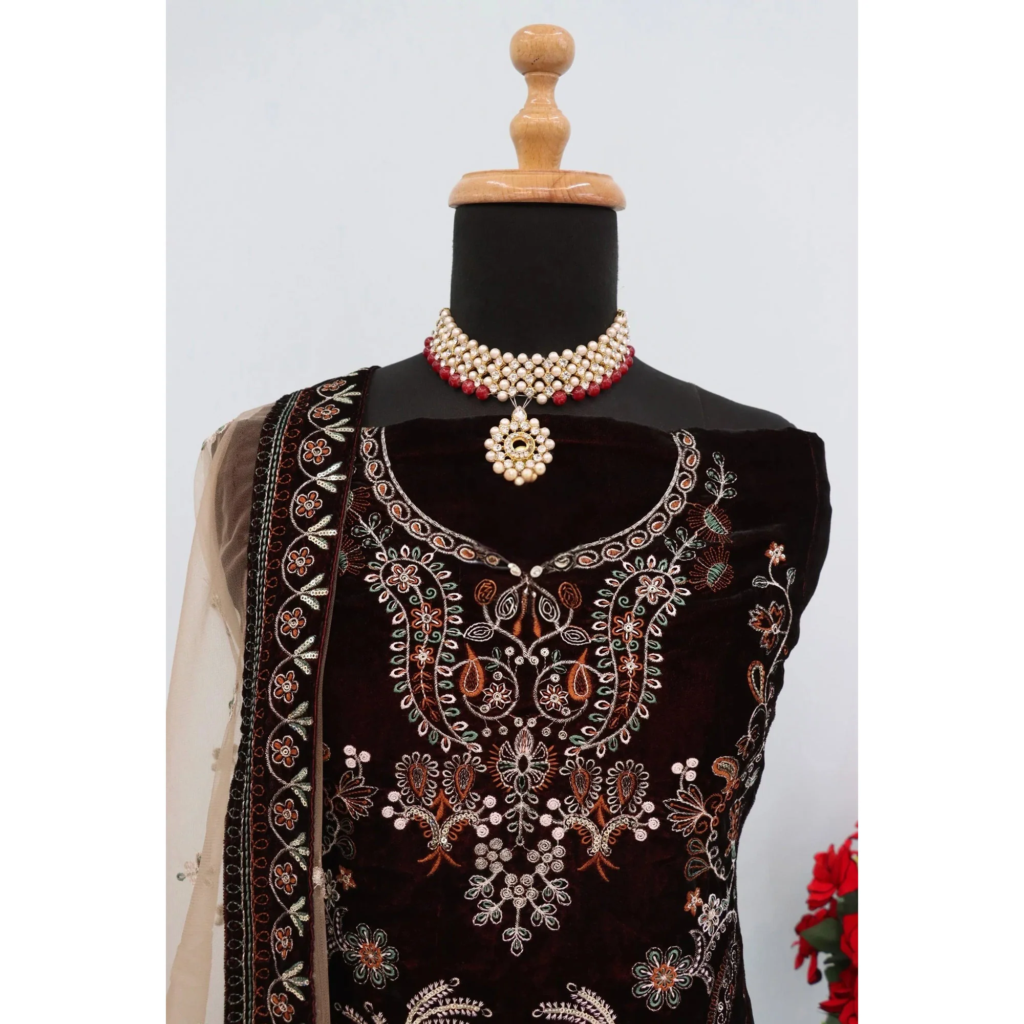 Dark Brown Velvet Dress Material Adorned with Sequins & Thread Embroidery - Image 5