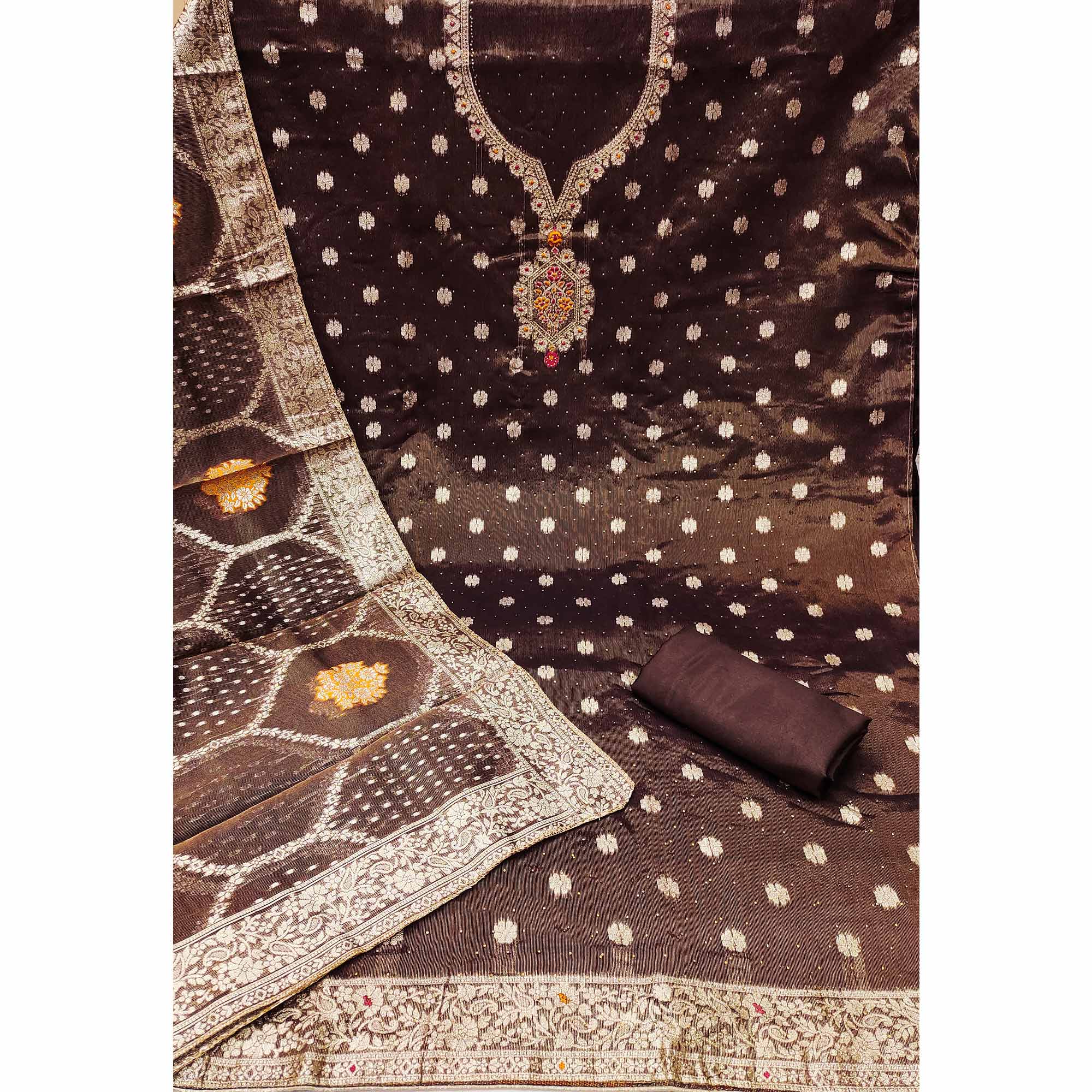 Dark Brown Woven With Stonework Shimmer Jacquard Dress Material - Image 3