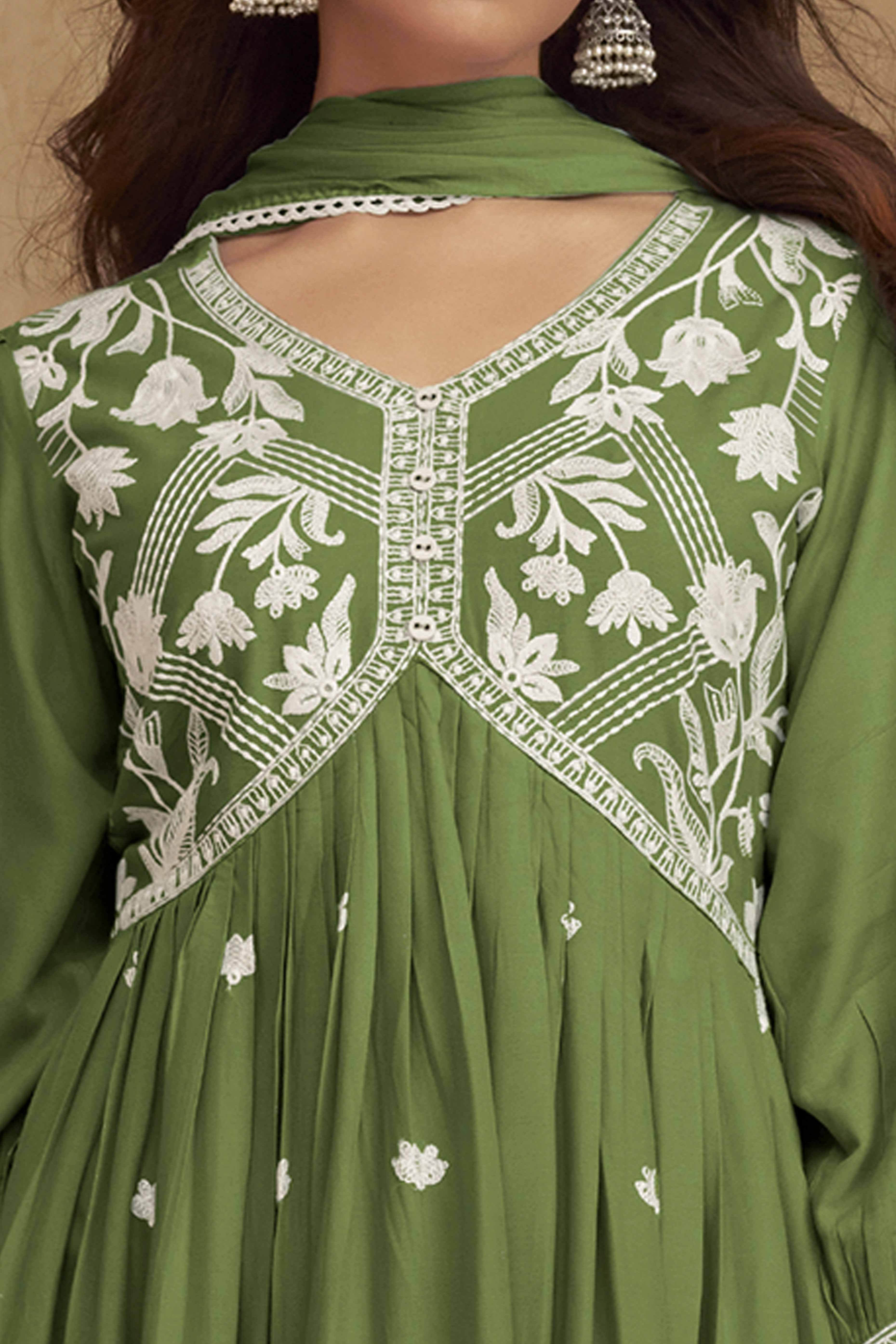 Dark Green Alia Cut Rayon Suit with Classic Lucknowi Embroidery - Image 2