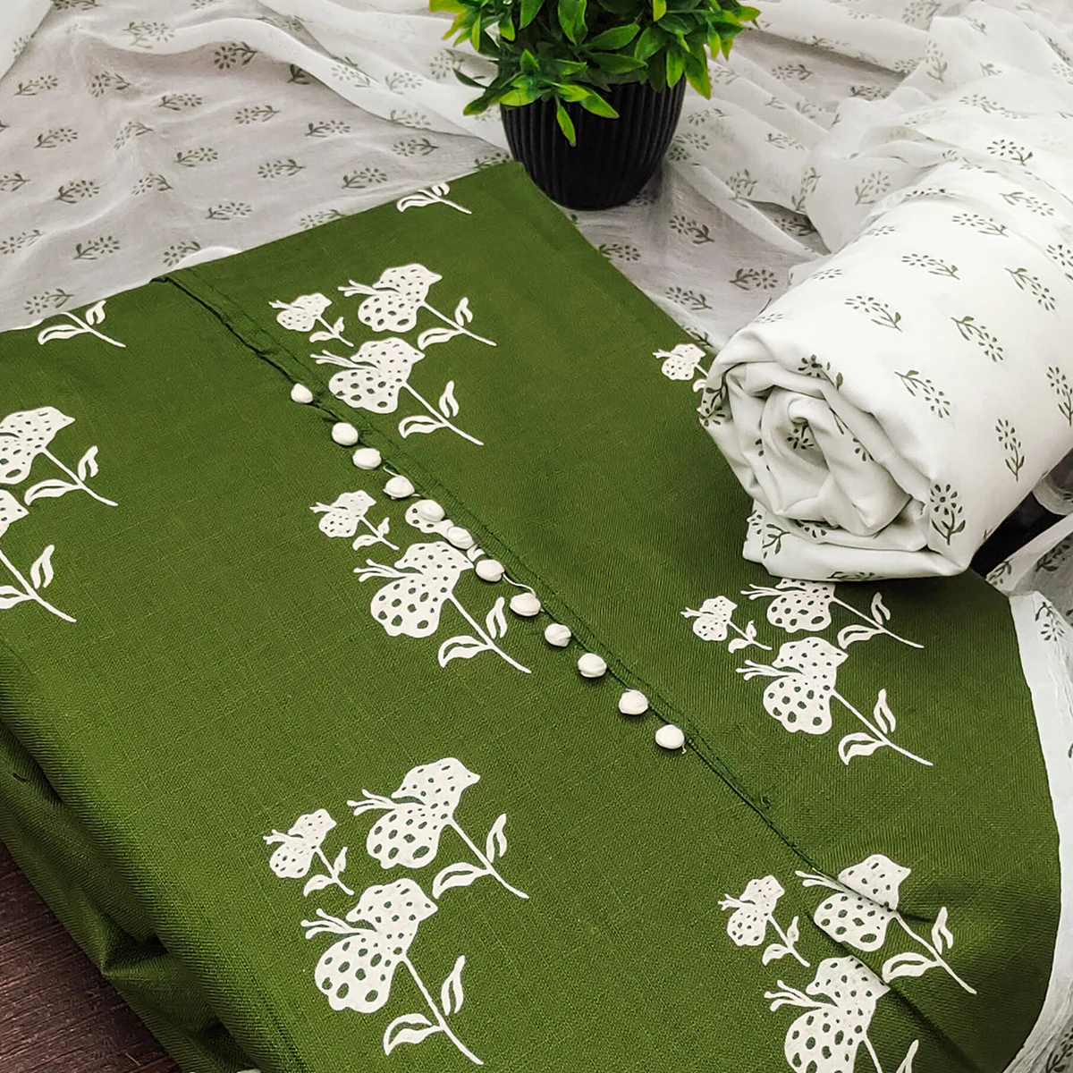 Dark Green Cotton Blend Fabric Featuring Subtle and Elegant Floral Prints - Image 2