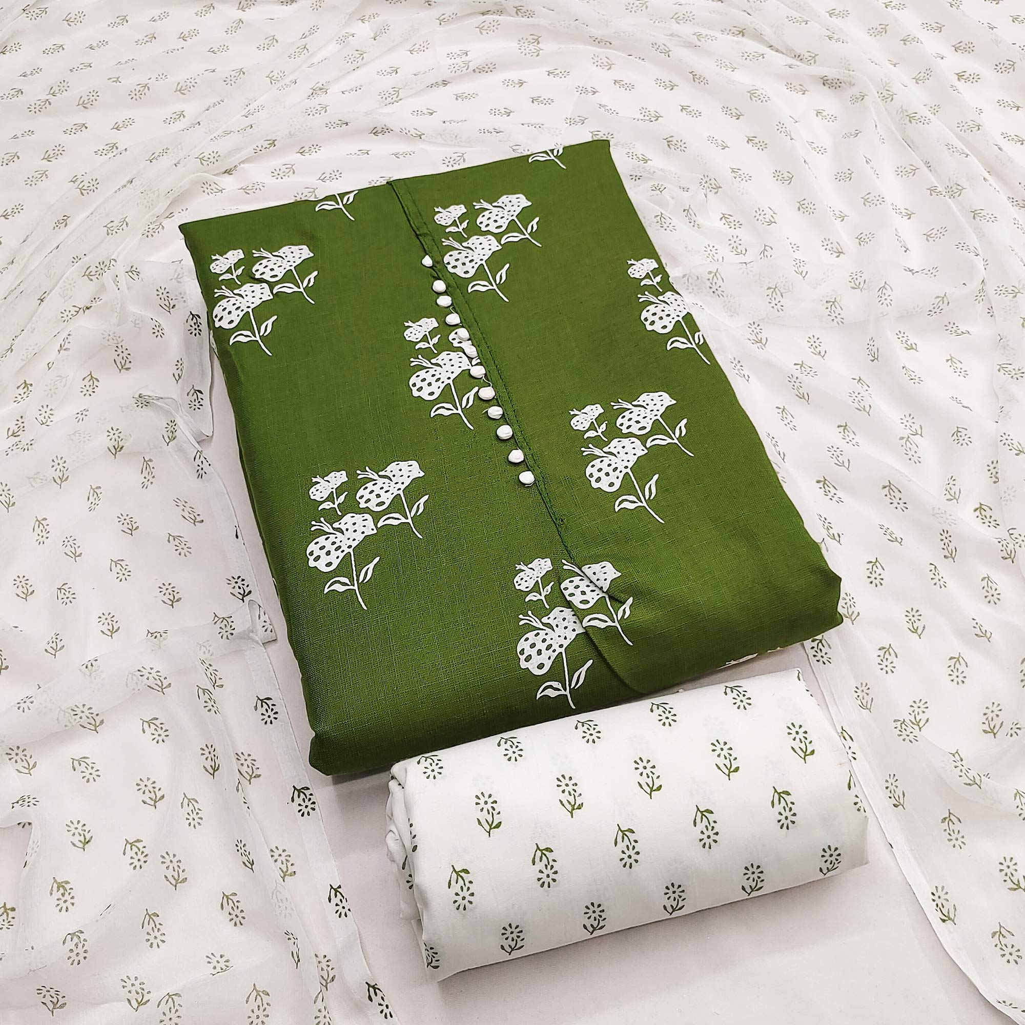 Dark Green Cotton Blend Fabric Featuring Subtle and Elegant Floral Prints - Image 3