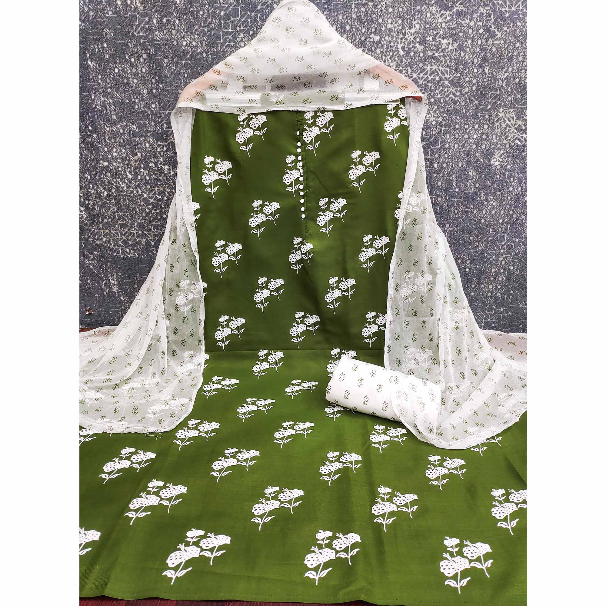Dark Green Cotton Blend Fabric Featuring Subtle and Elegant Floral Prints - Image 4