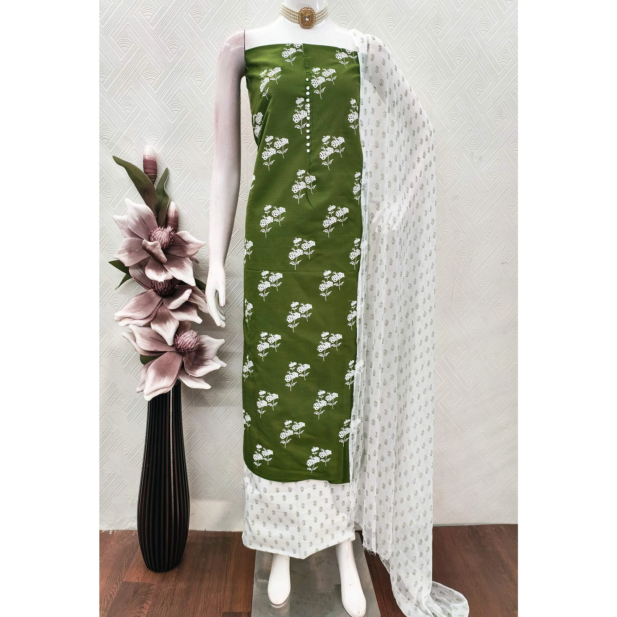 Dark Green Cotton Blend Fabric Featuring Subtle and Elegant Floral Prints - Image 5